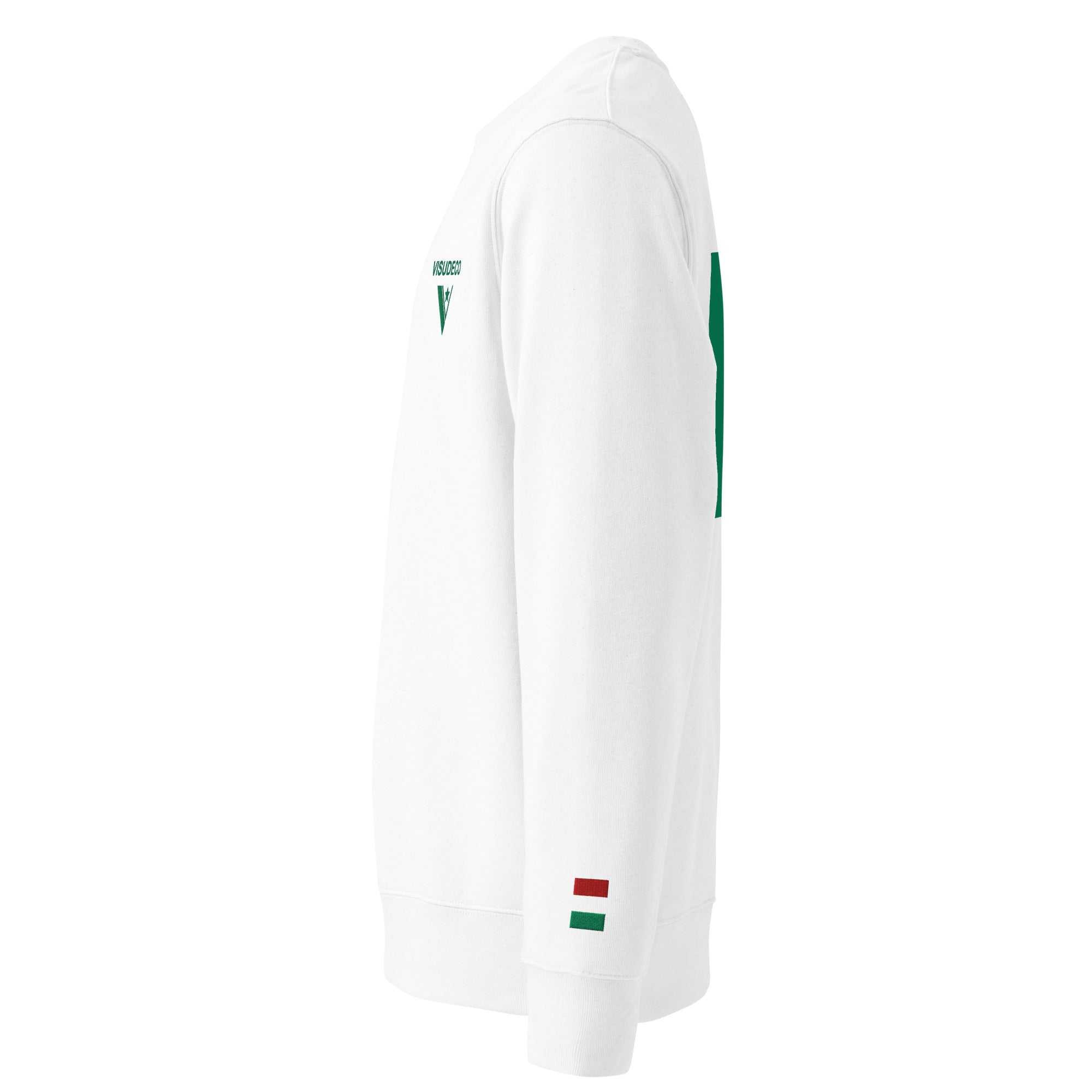 Italian Flag - Organic Cotton Sweatshirt in White with flag embroidered on the left sleeve.