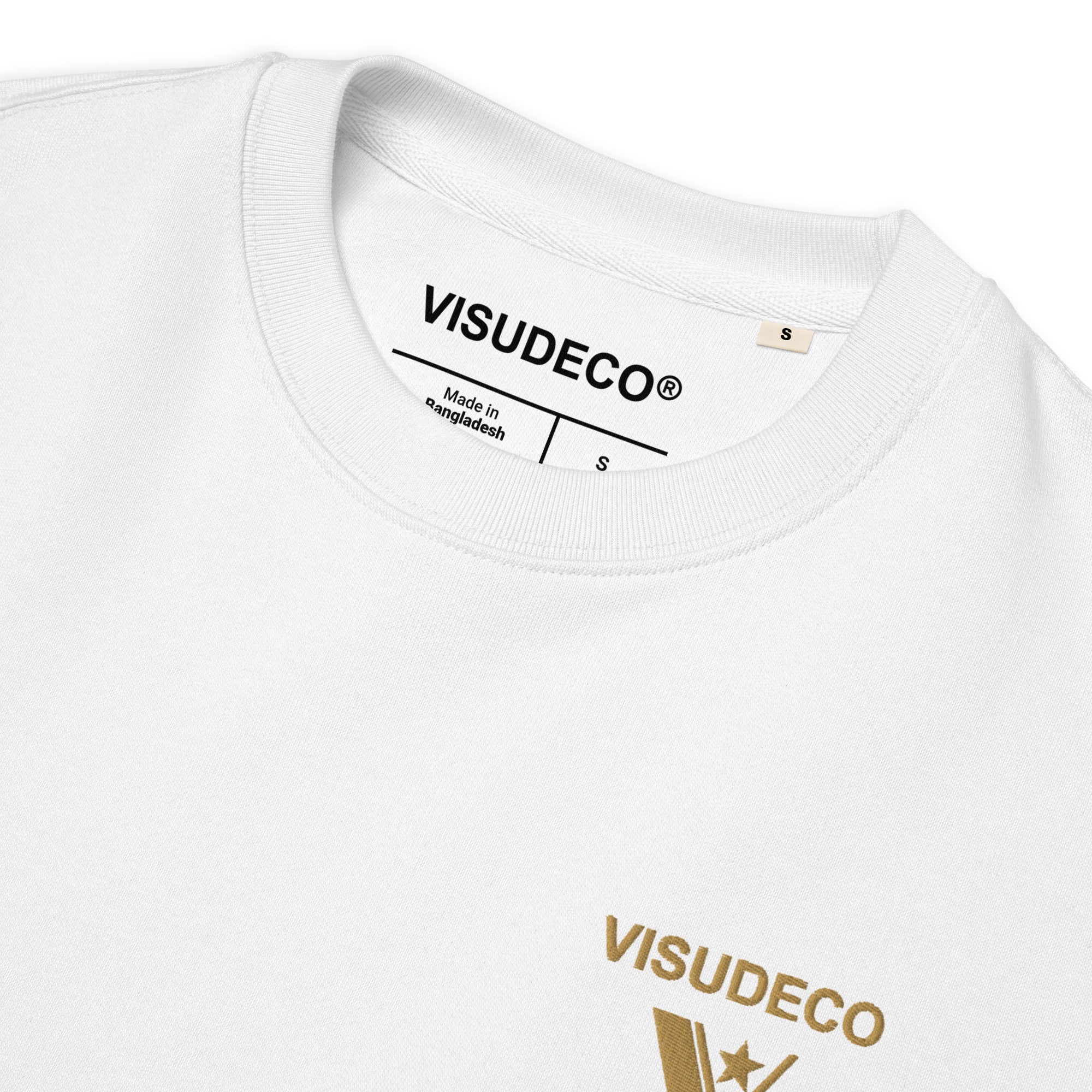 Organic Cotton Sweatshirt in white close up of neckline inside label and visudeco logo in front.