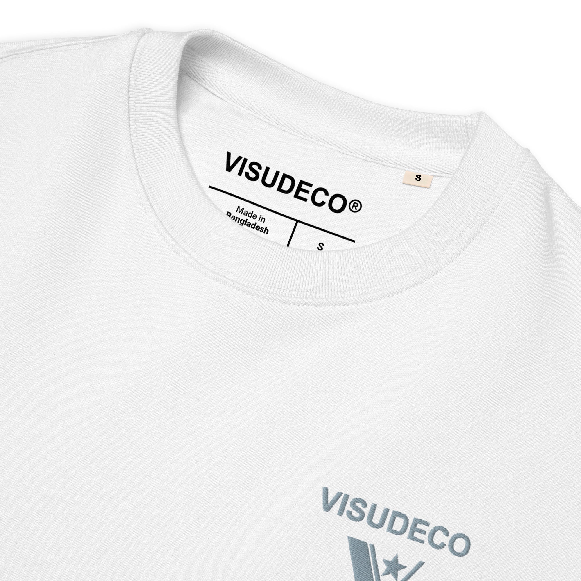 Organic cotton t-shirt in white close up of neckline, inside print and embroidered visudeco logo.