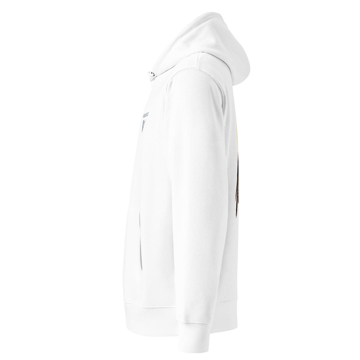 A white pullover hoodie shown from a side profile view against a plain white background.
