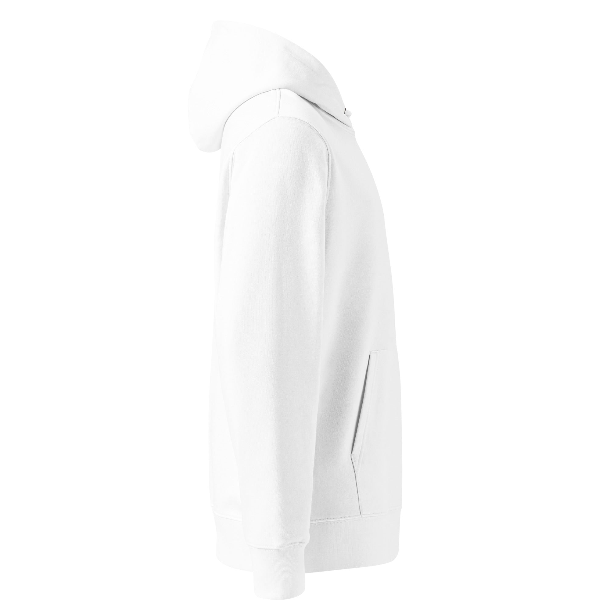 White hoodie seen from the right side.