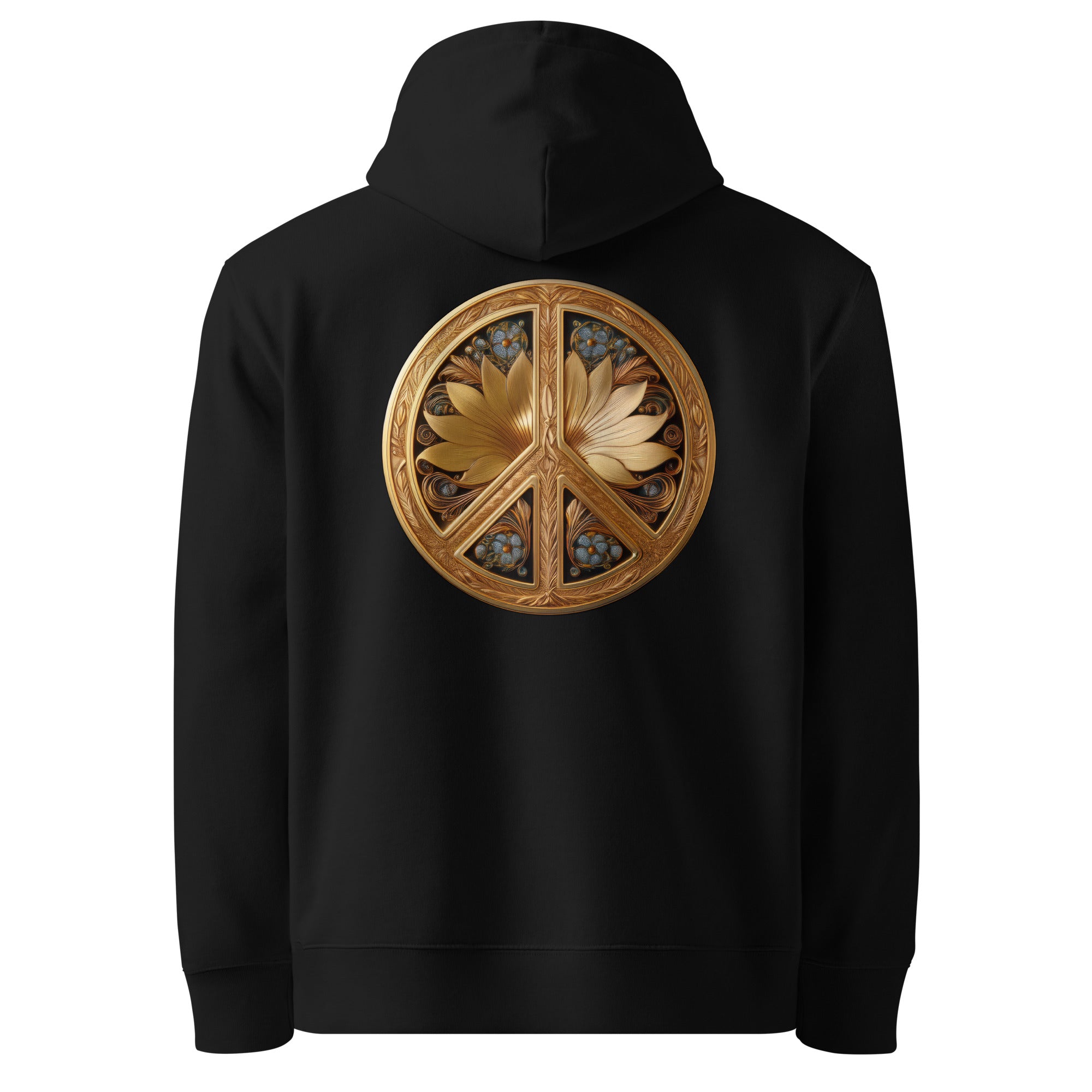 Flower Power - Organic Cotton Hoodie in Black with a golden floral design printed on the back.