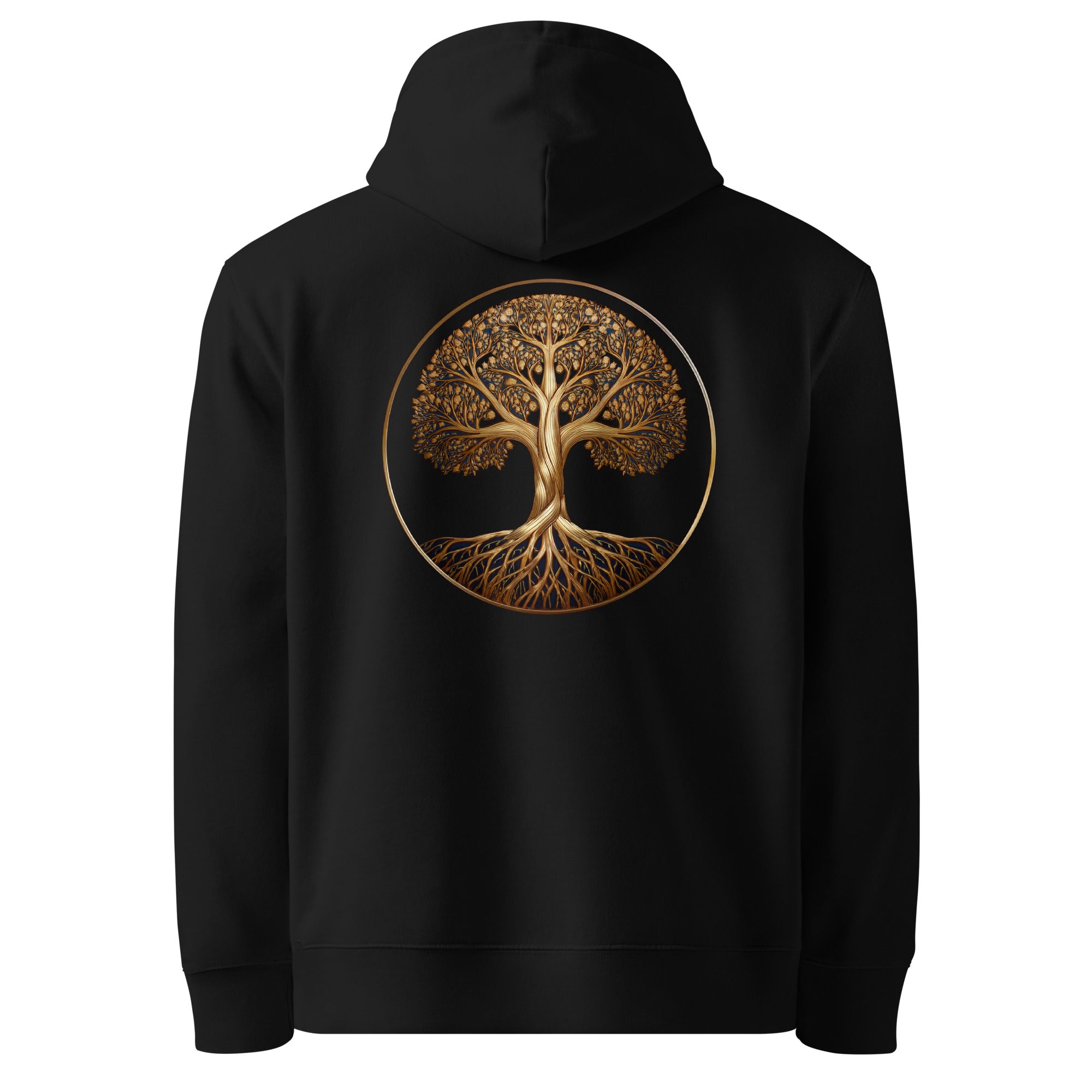 Tree of Life - Organic Cotton Hoodie in Black with a golden tree design printed on the back.