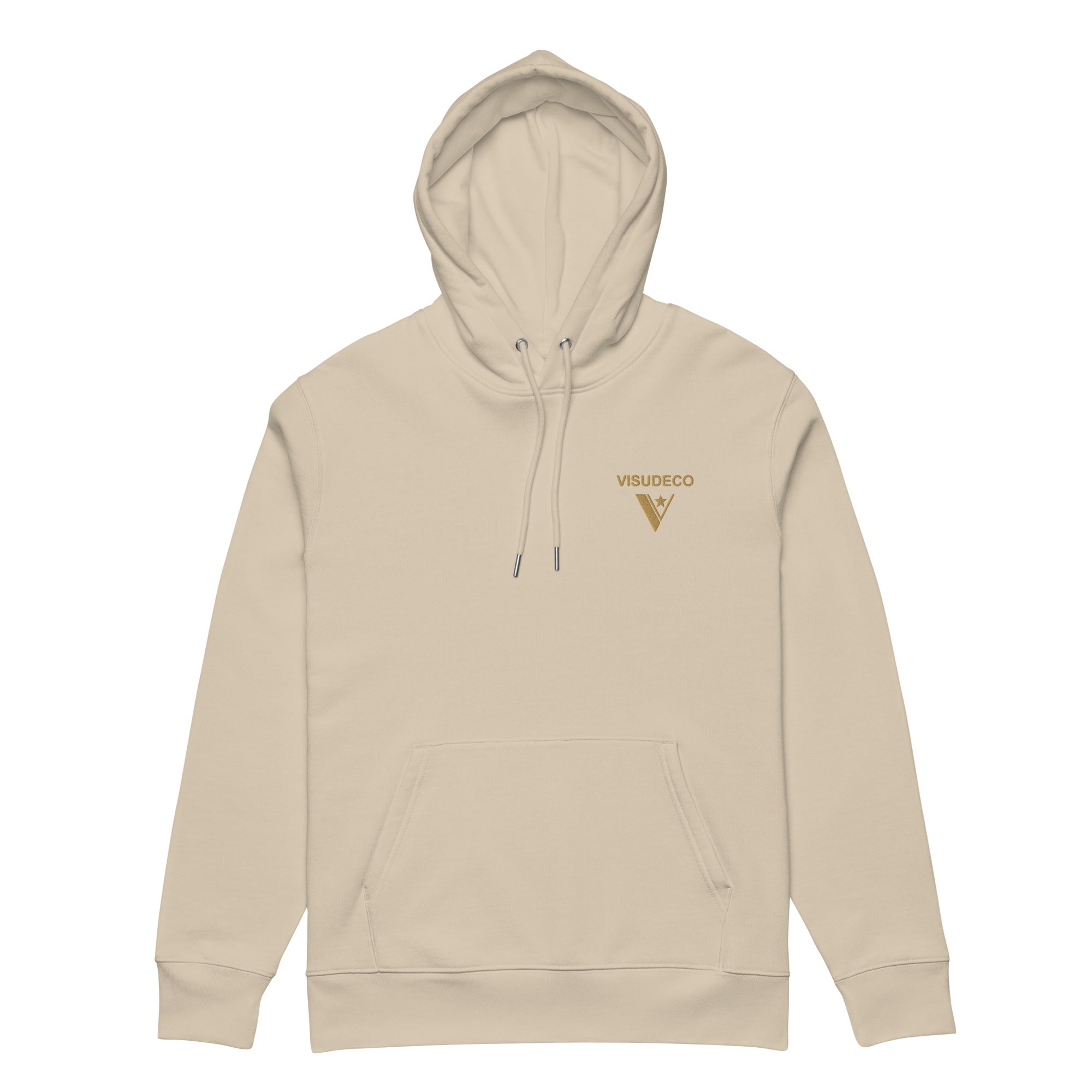 Organic Cotton Hoodie in Desert Dust shown from the front with hoodie opened and logo on the front.