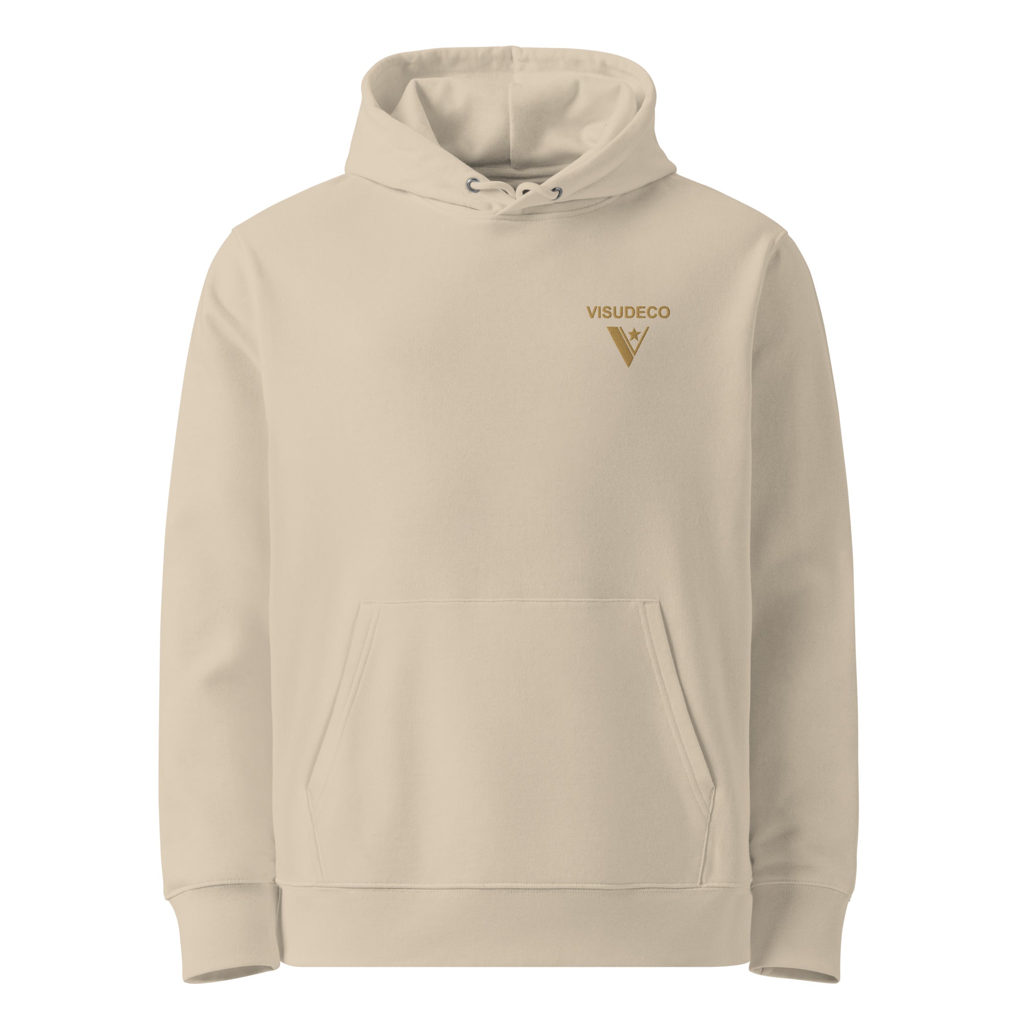 Organic Cotton Hoodie in Desert Dust with embroidered visudeco logo on the front.