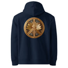 Flower Power - Organic Cotton Hoodie in Navy Blue with a decorated peace symbol on the back.