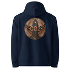 CO2 - Organic Cotton Hoodie in Navy Blue with a bronze design on the back.
