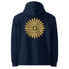 Sun - Organic Cotton Hoodie in Navy Blue with a golden sun design printed on the back.