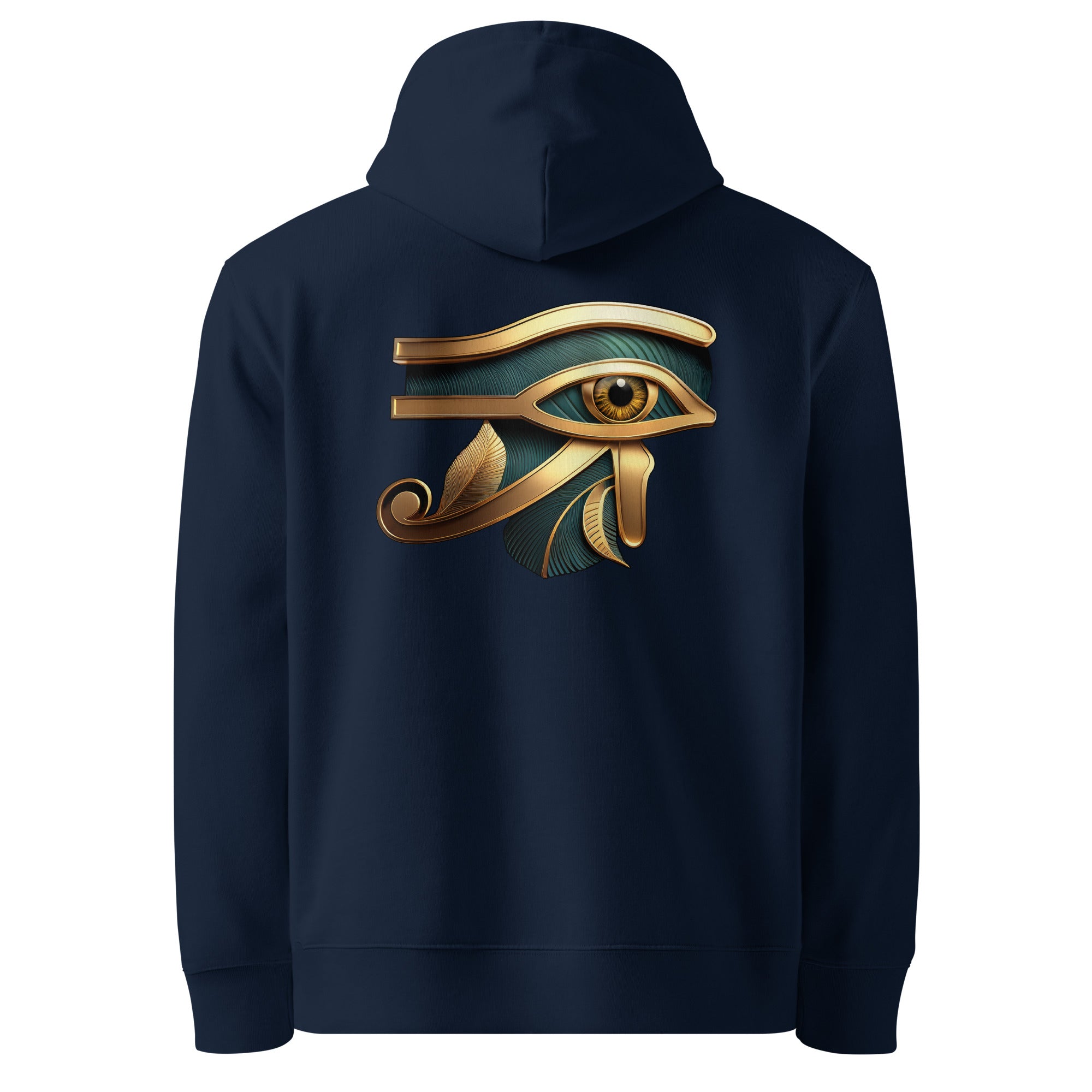 Eye of Horus - Organic Cotton Hoodie in Navy Blue with symbol printed on the back.
