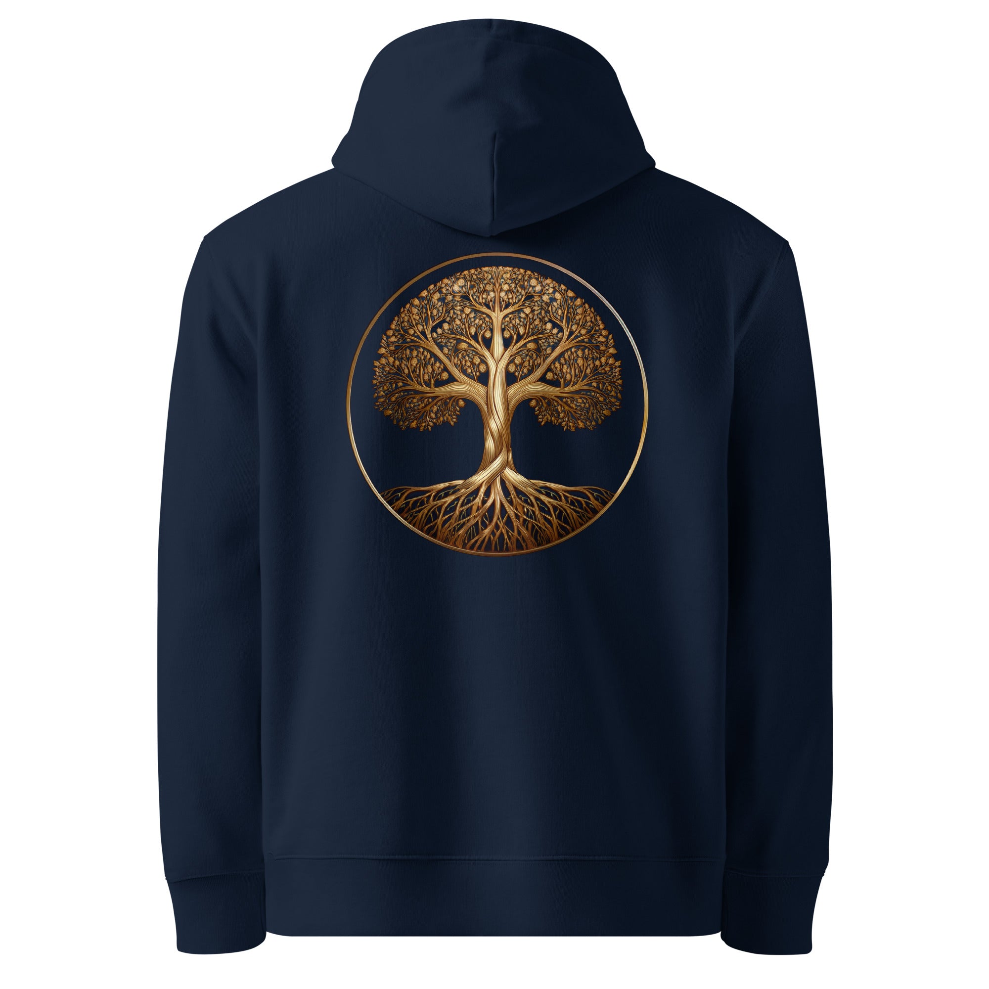 Tree of Life - Organic Cotton Hoodie in Navy Blue with a golden tree design printed on the back.