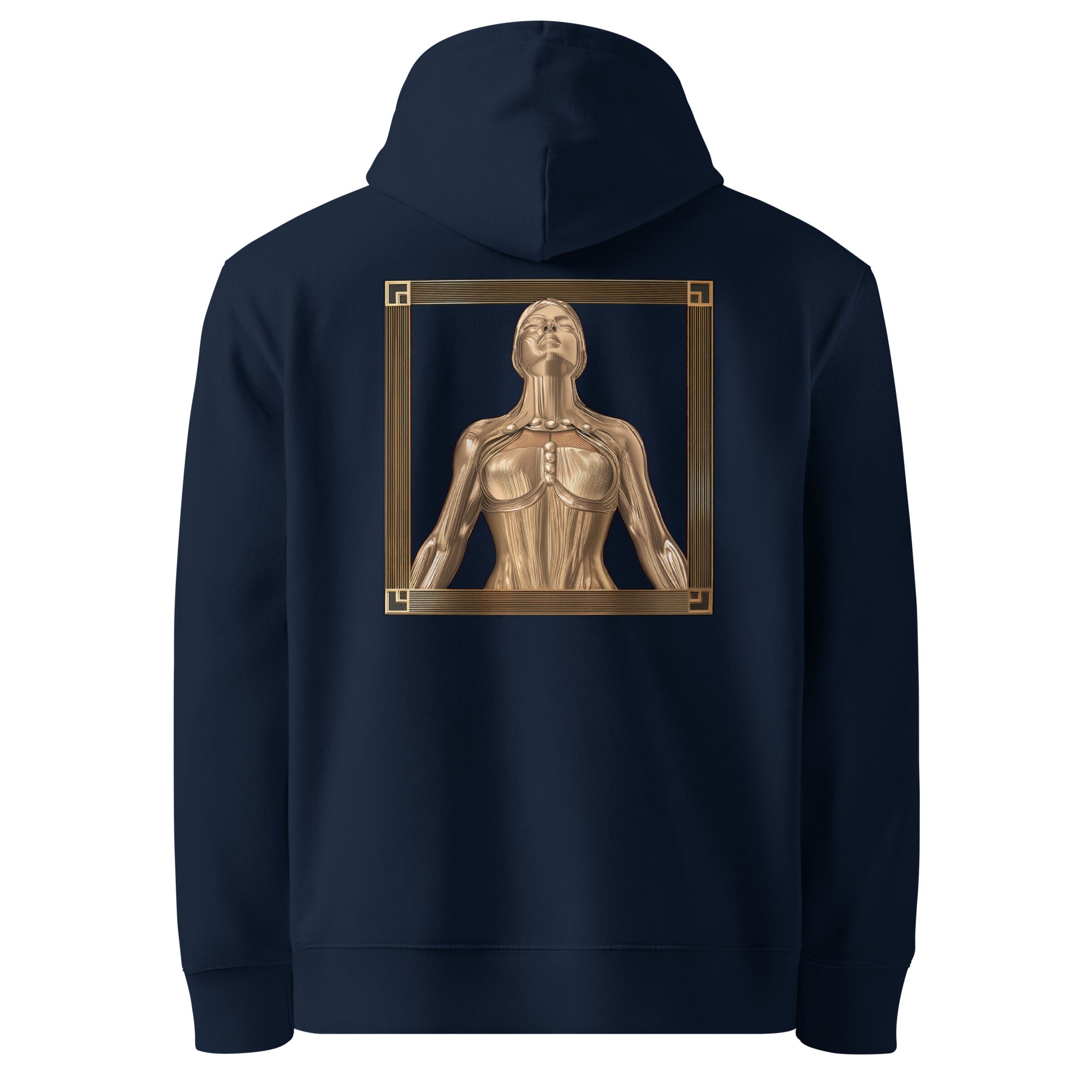 Golden Girl - Organic Cotton Hoodie in Navy Blue with a golden girl design printed on the back.
