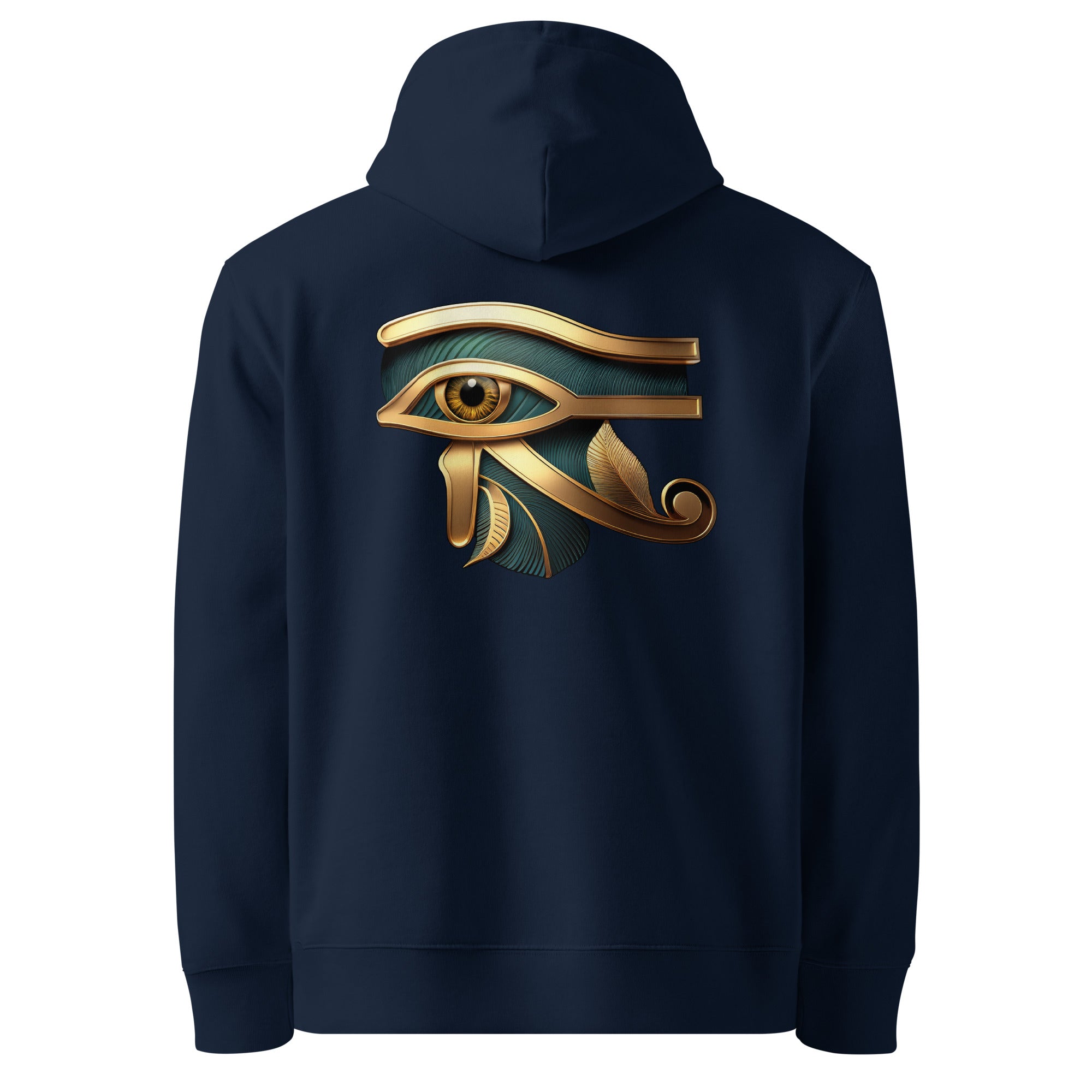 Eye of Horus - Organic Cotton Hoodie in Navy Blue with the symbol printed on the back.