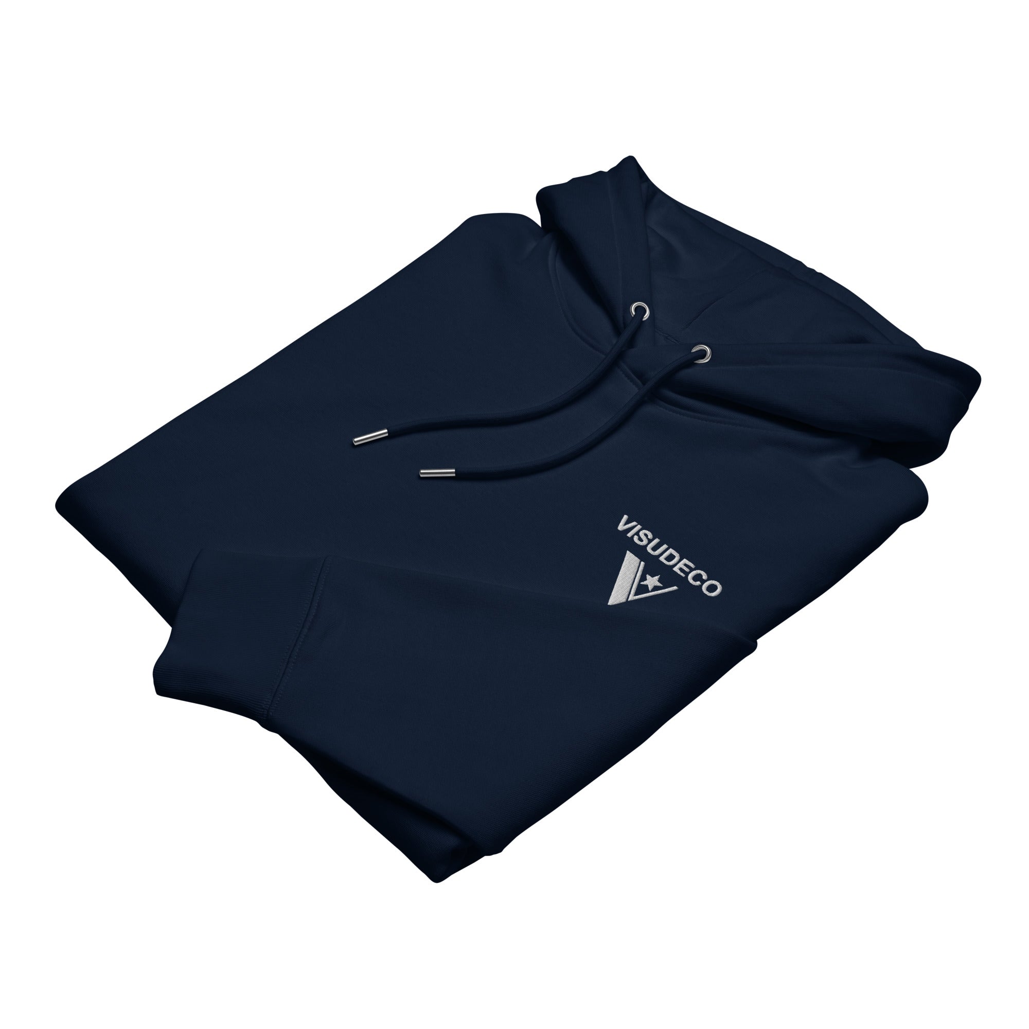 Organic Cotton Hoodie in Navy Blue. Folded sample with logo embroidered on the front.