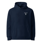 Organic Cotton Hoodie in Navy Blue. Sample with logo embroidered on the front.
