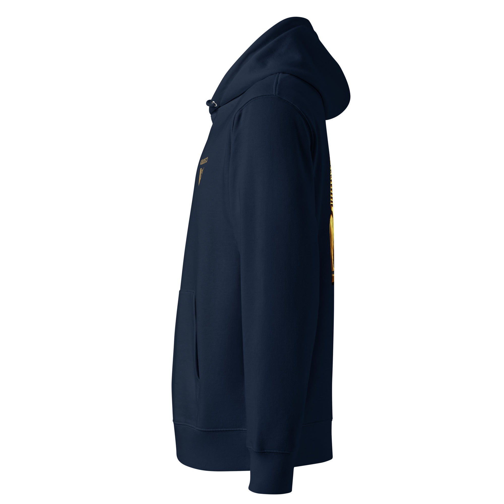 Organic Cotton Hoodie in navy blue shown from the left side.