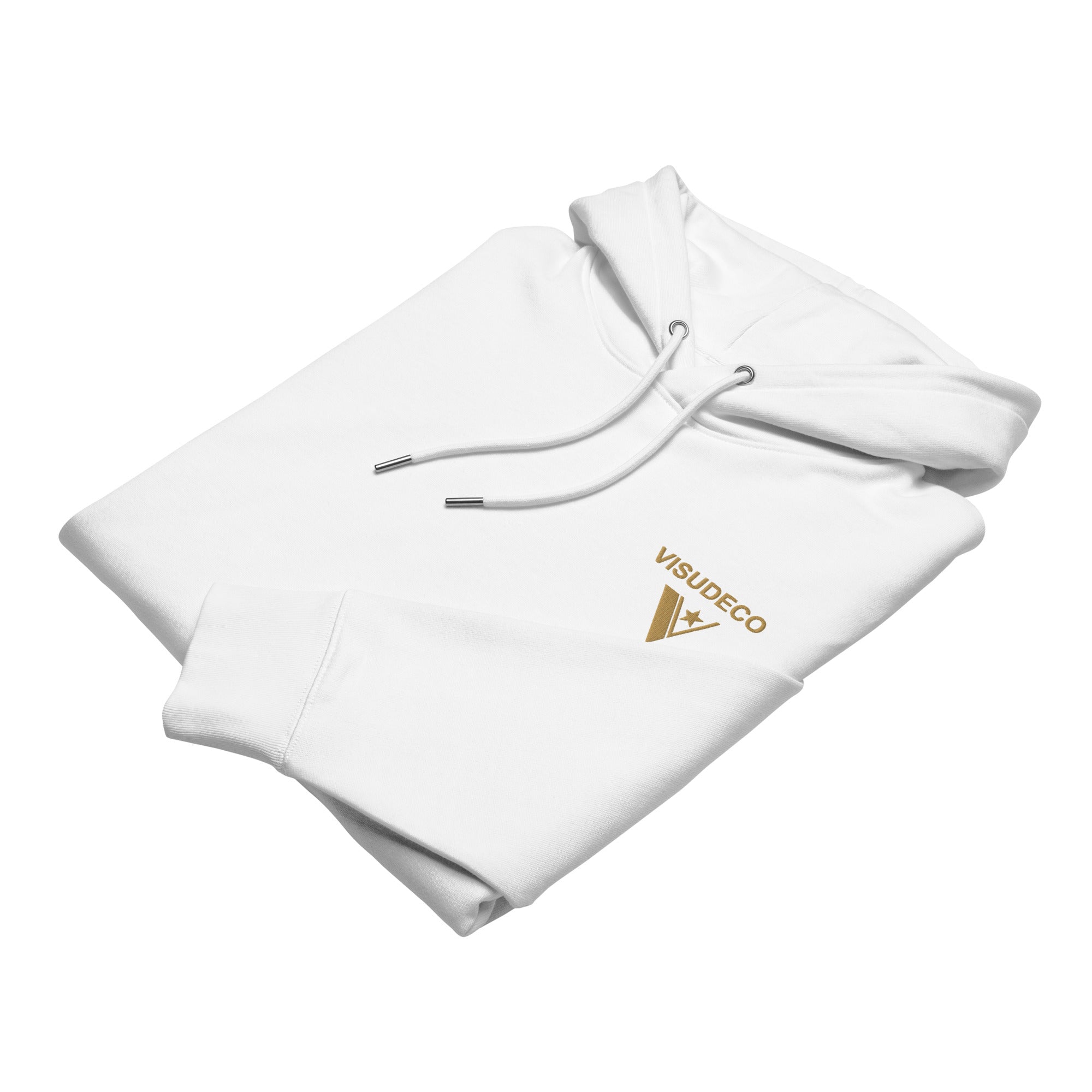 Organic cotton hoodie in white folded sample with visudeco logo embroidery.