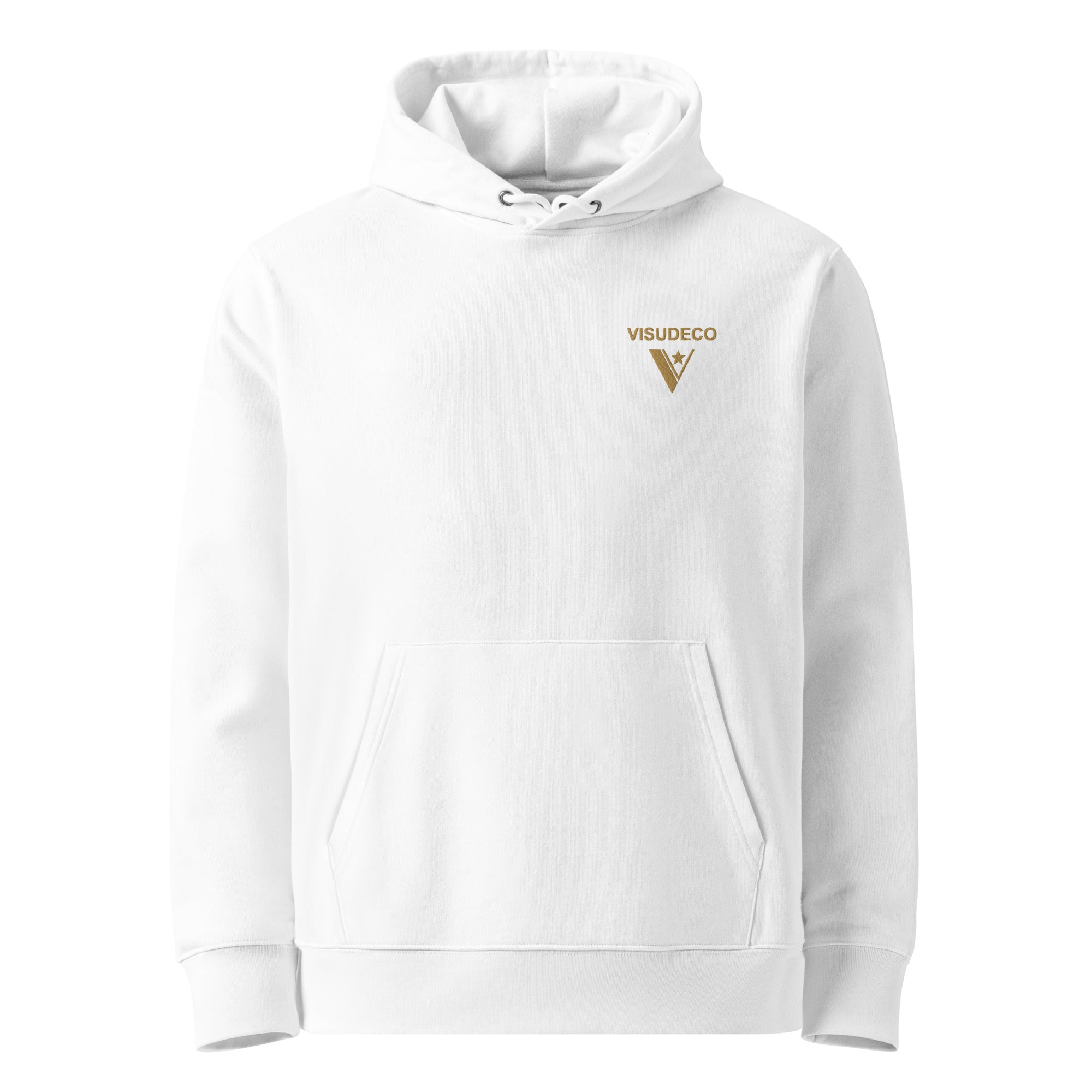 Organic Cotton Hoodie in White with golden visudeco logo embroidered in front.