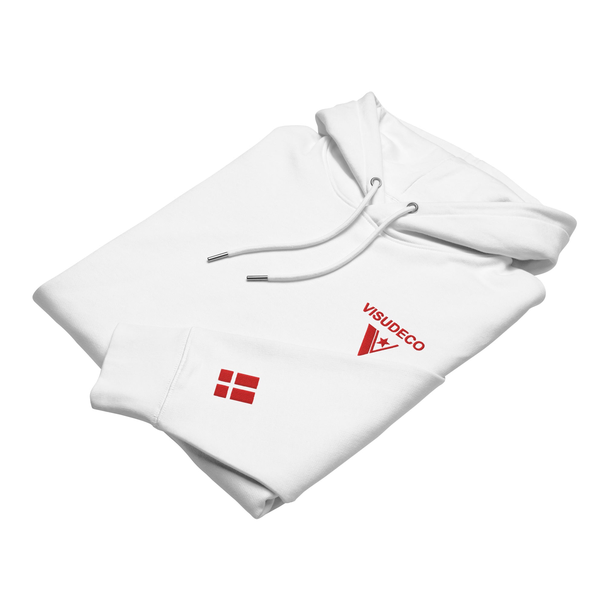 Danish Flag - Organic Cotton Hoodie in White folded sample with embroidered logo and flag.