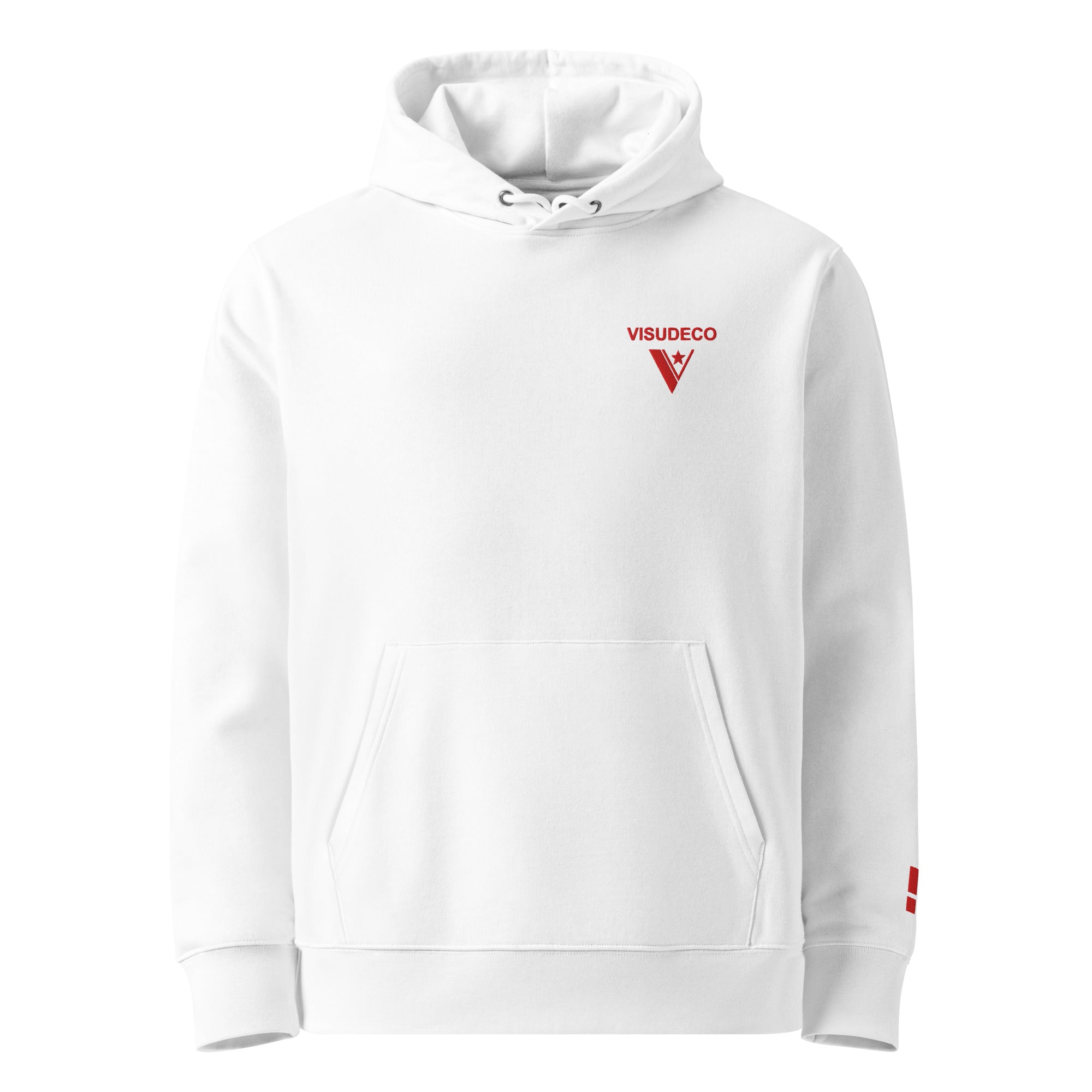 Organic Cotton Hoodie in White with visudeco logo in front.