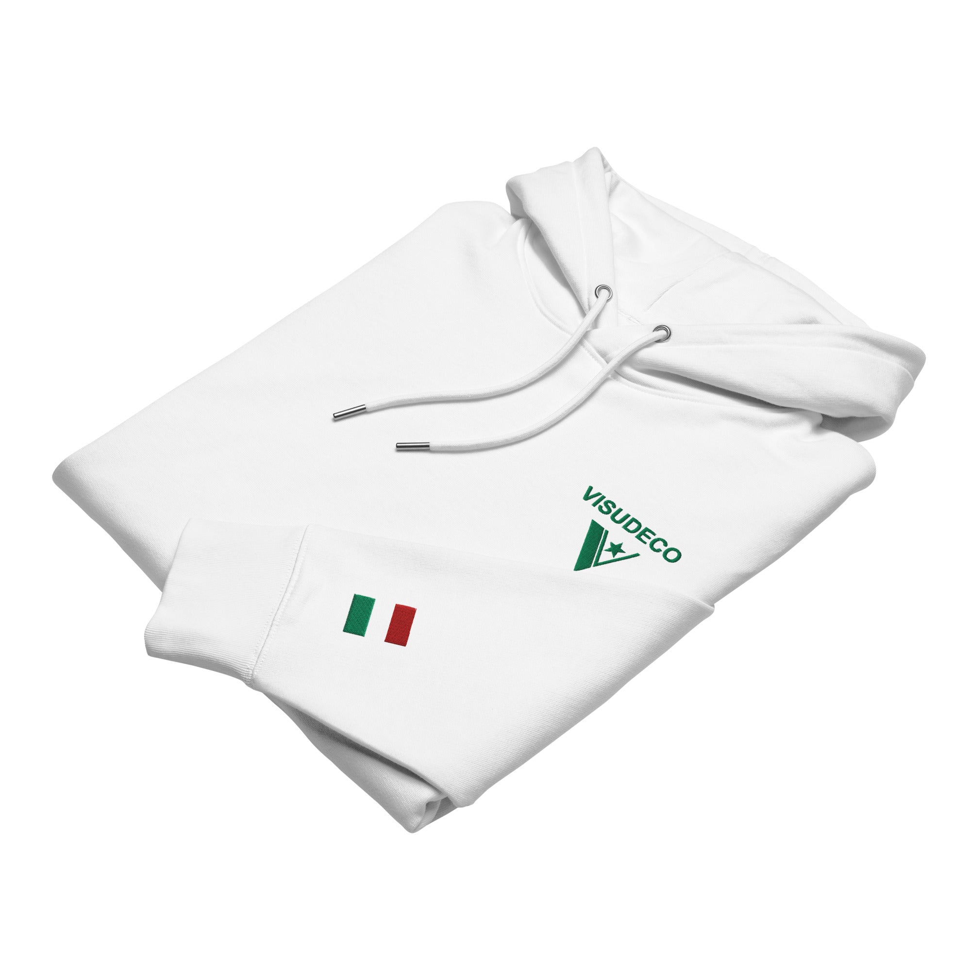 Italian Flag - Organic Cotton Hoodie in White folded with embroidery in front and on left sleeve.