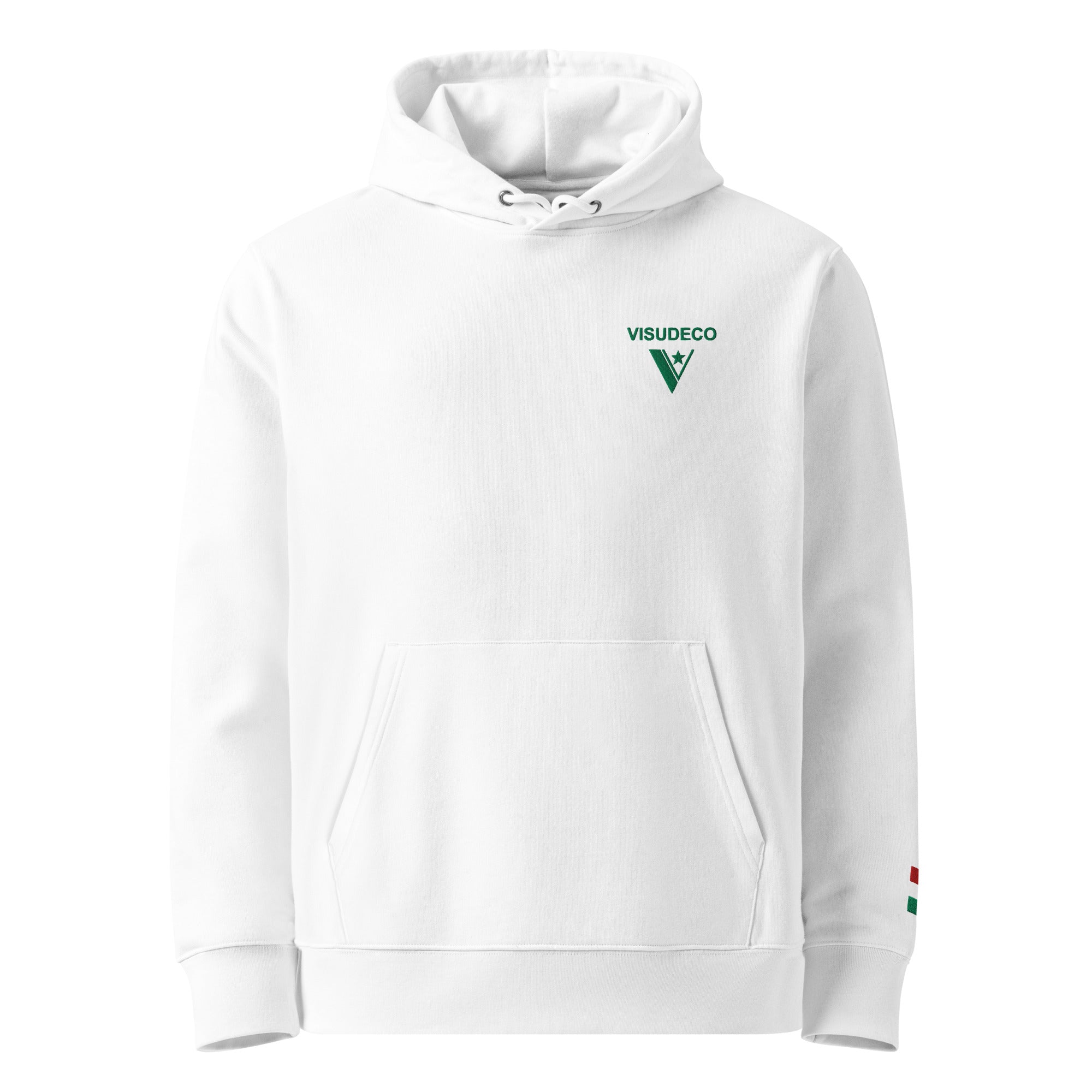Organic Cotton Hoodie in White with visudeco logo embroidered in front.