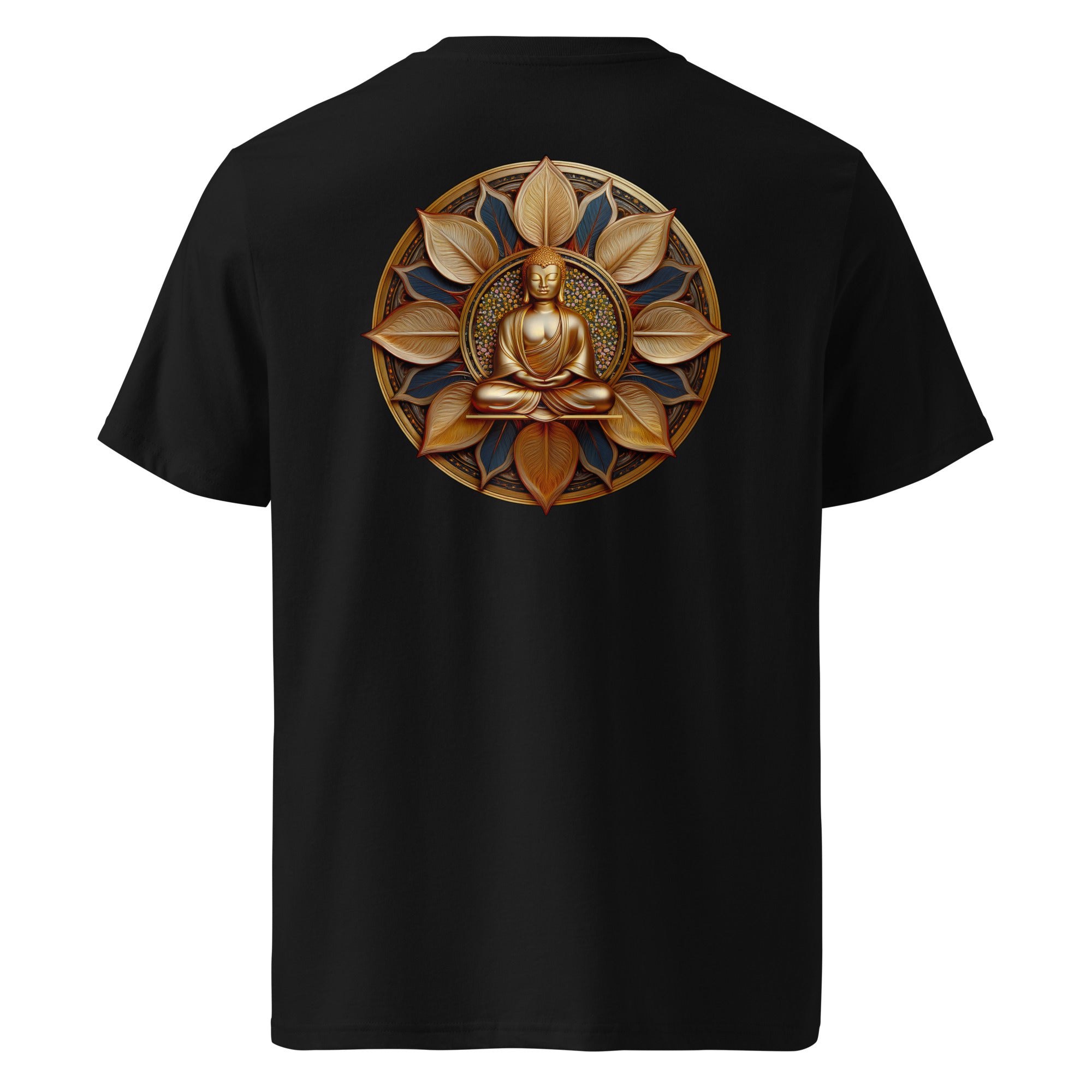 Black t-shirt with golden design on the back.