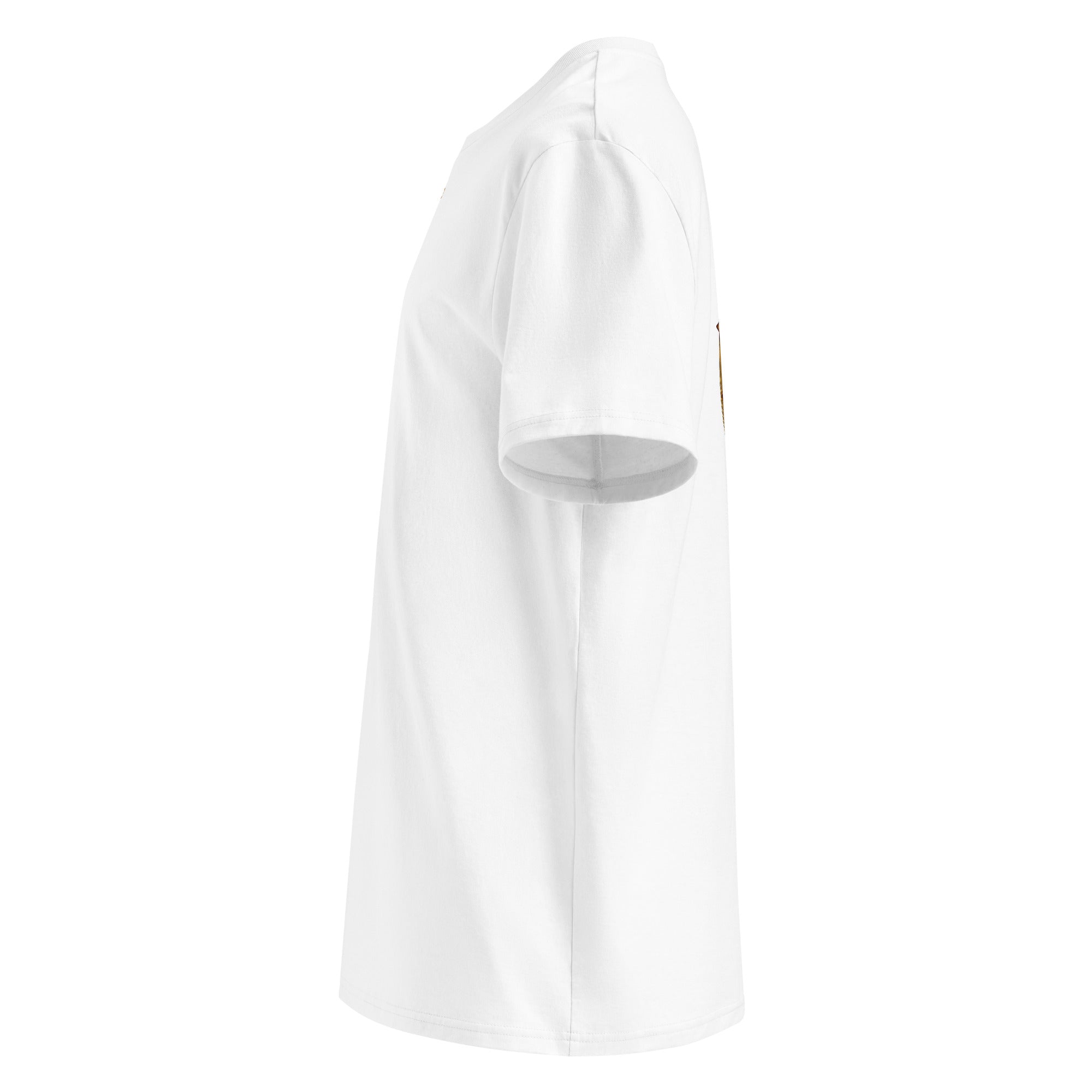 White t-shirt seen from the left side.