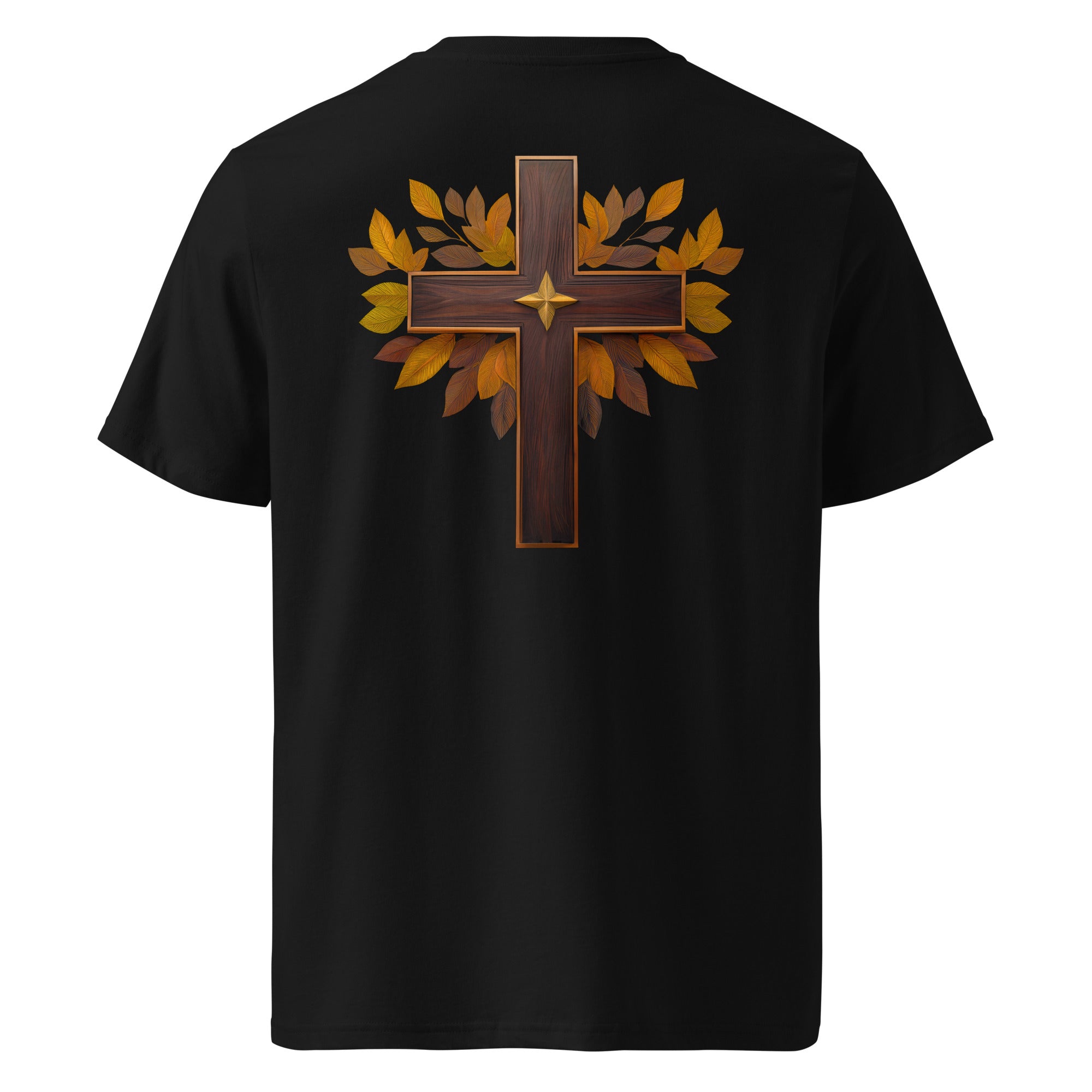 Cross - Organic Cotton T-Shirt in Black with a wooden cross design on the back.