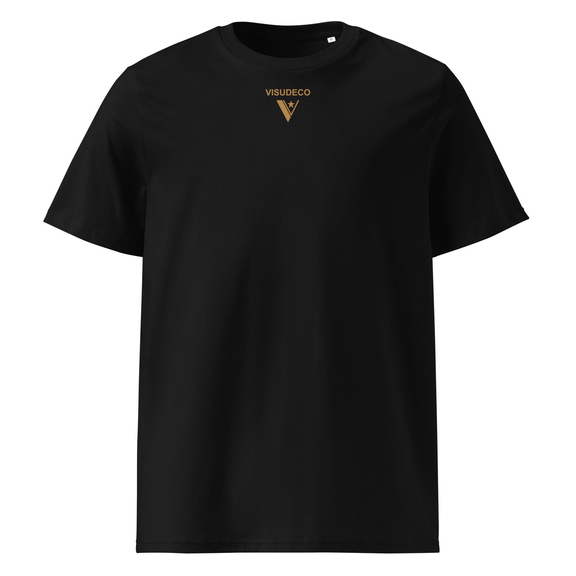 Organic Cotton T-Shirt in Black with golden visudeco logo in front.