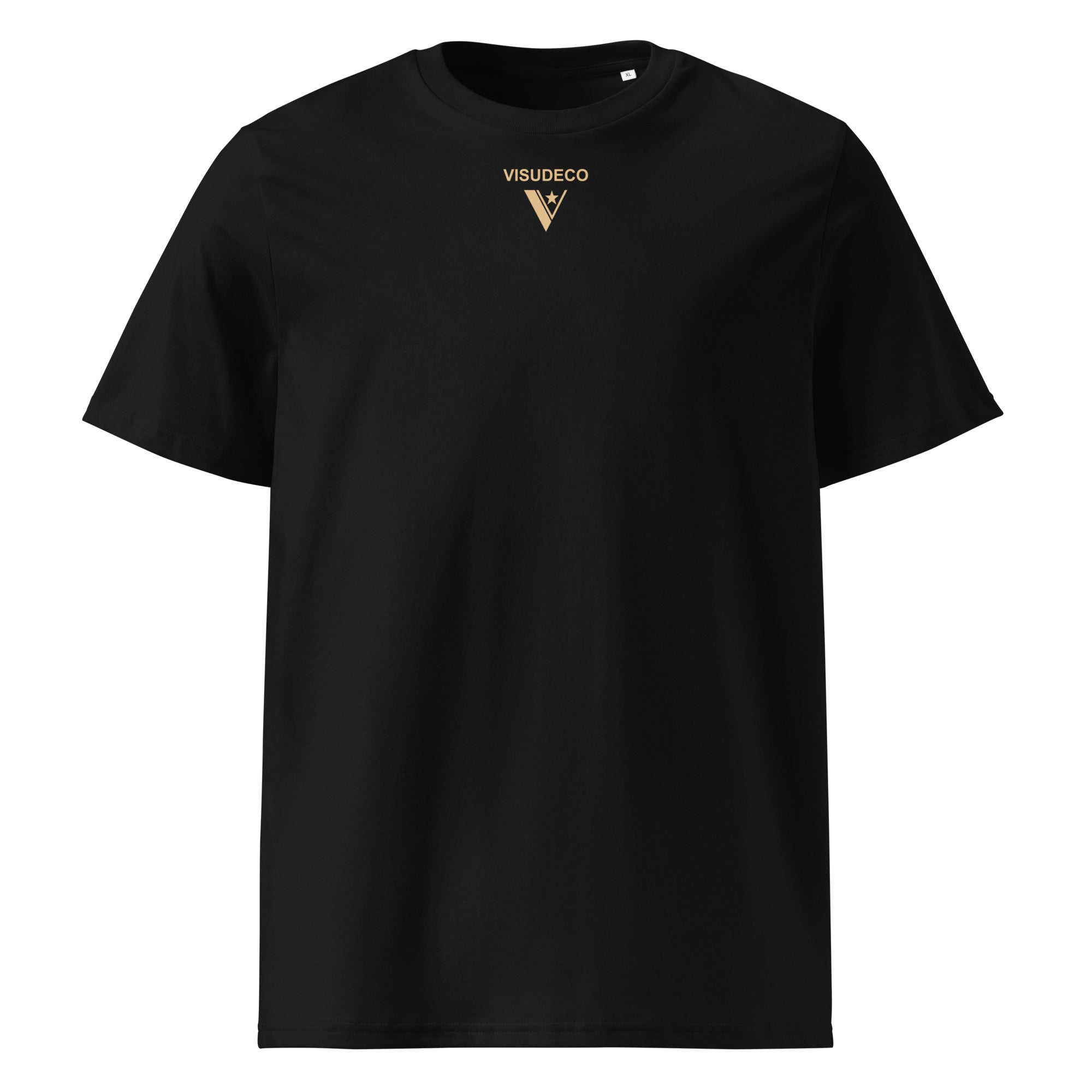 Organic Cotton T-Shirt in Black with visudeco logo printed on the front.