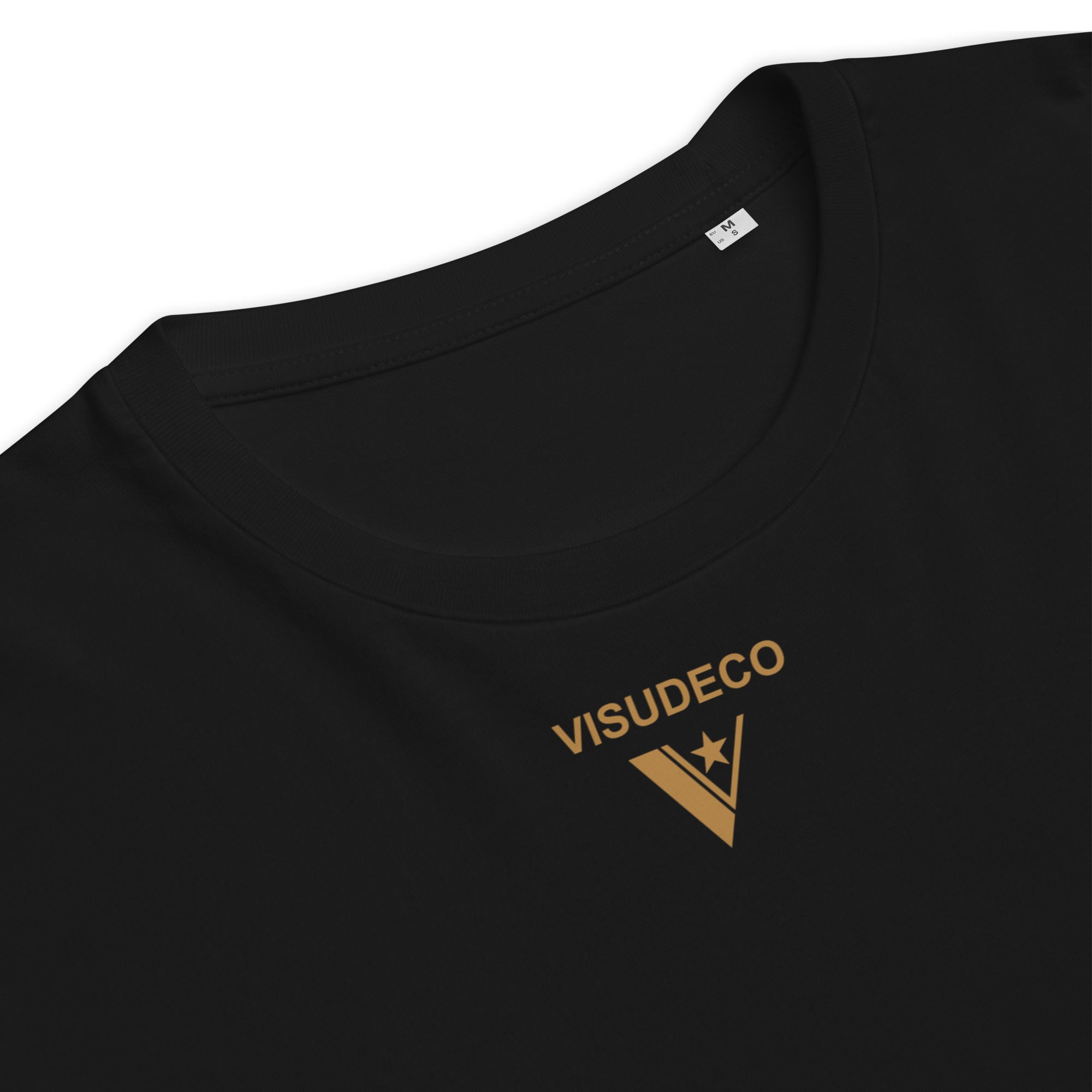 Organic Cotton T-Shirt in Black close up of neckline and visudeco logo in front.
