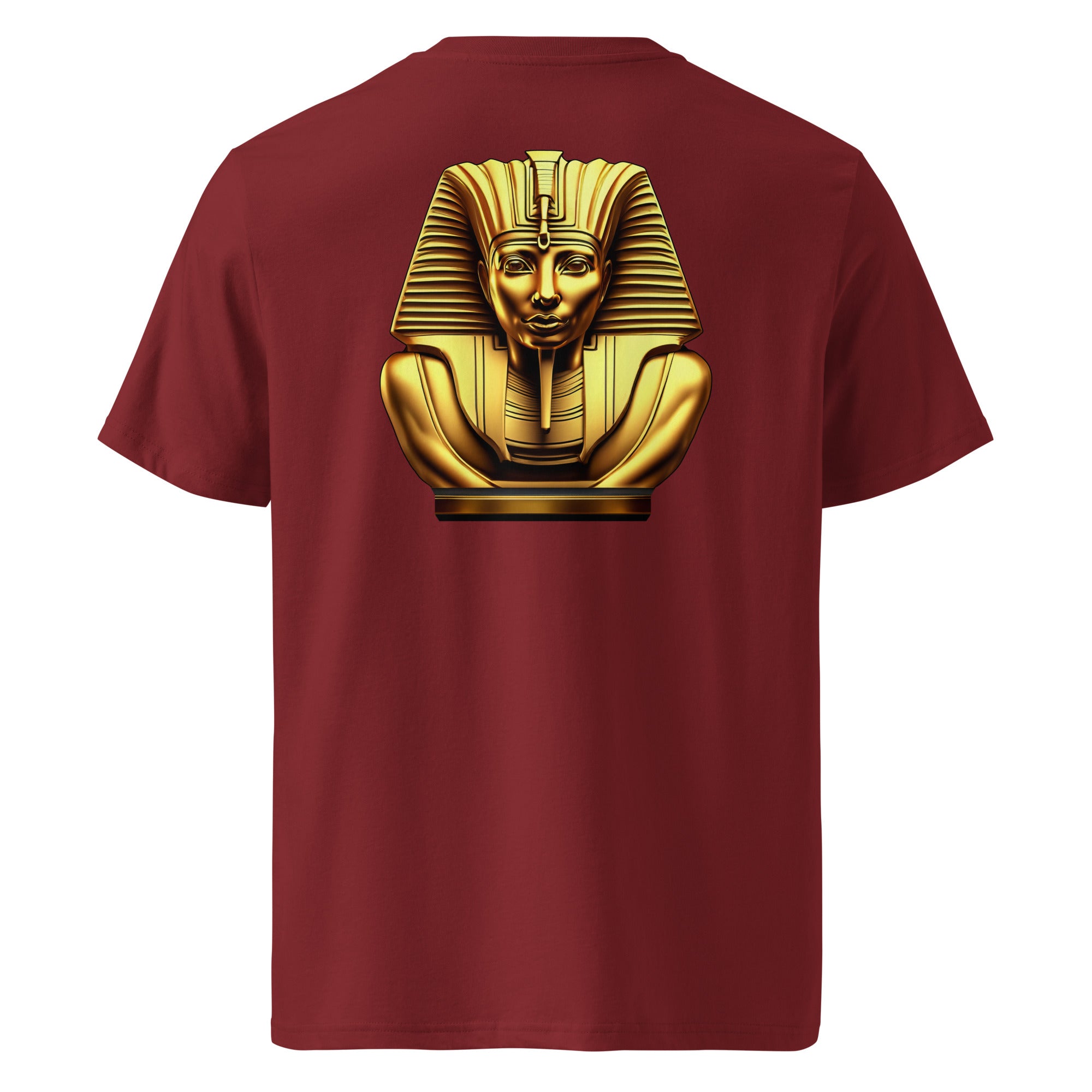 Pharaoh - Organic Cotton T-Shirt in Burgundy with a golden design printed on the back.