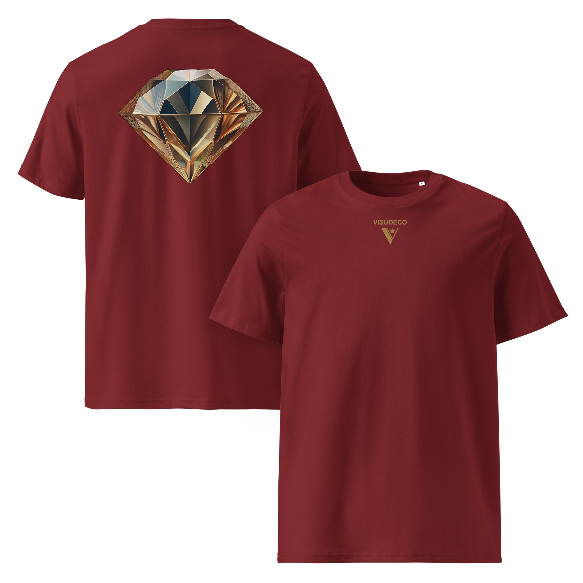 Diamond - Organic Cotton T-Shirt in Burgundy with diamond design on back and visudeco logo in front.