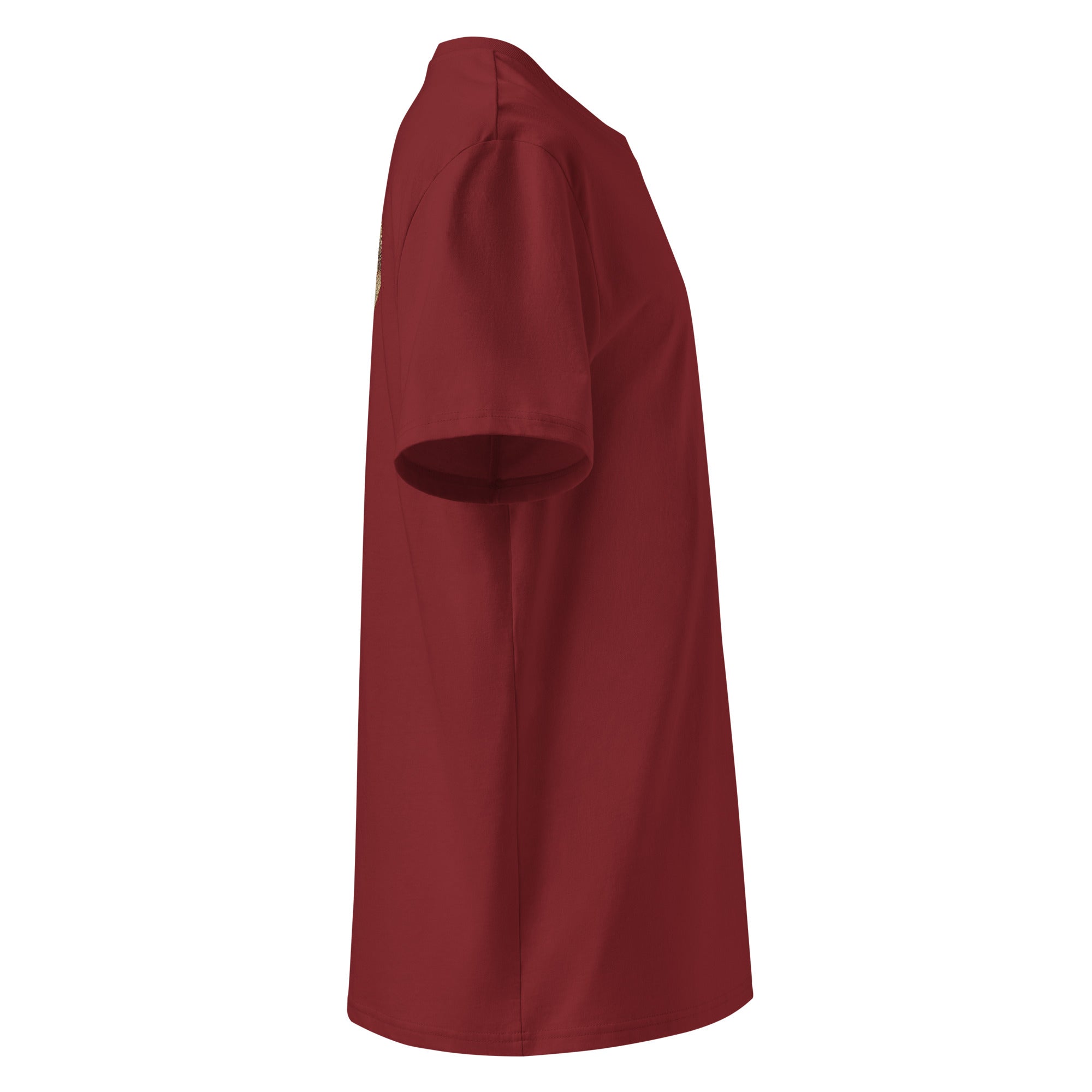Organic Cotton T-Shirt in Burgundy shown from the right side.