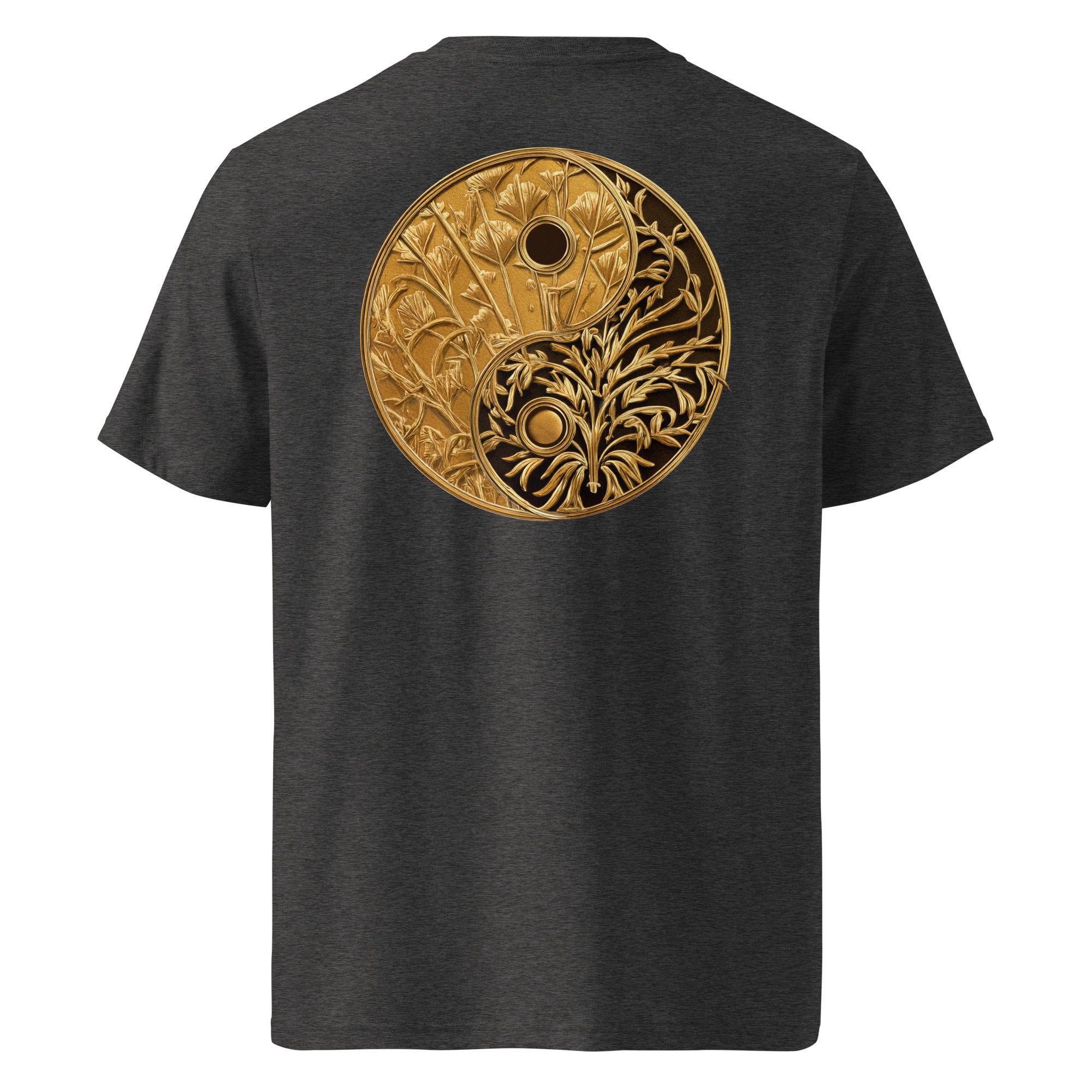 Yinyang - Organic Cotton T-Shirt in Dark Heather Grey with a golden design printed on the back.