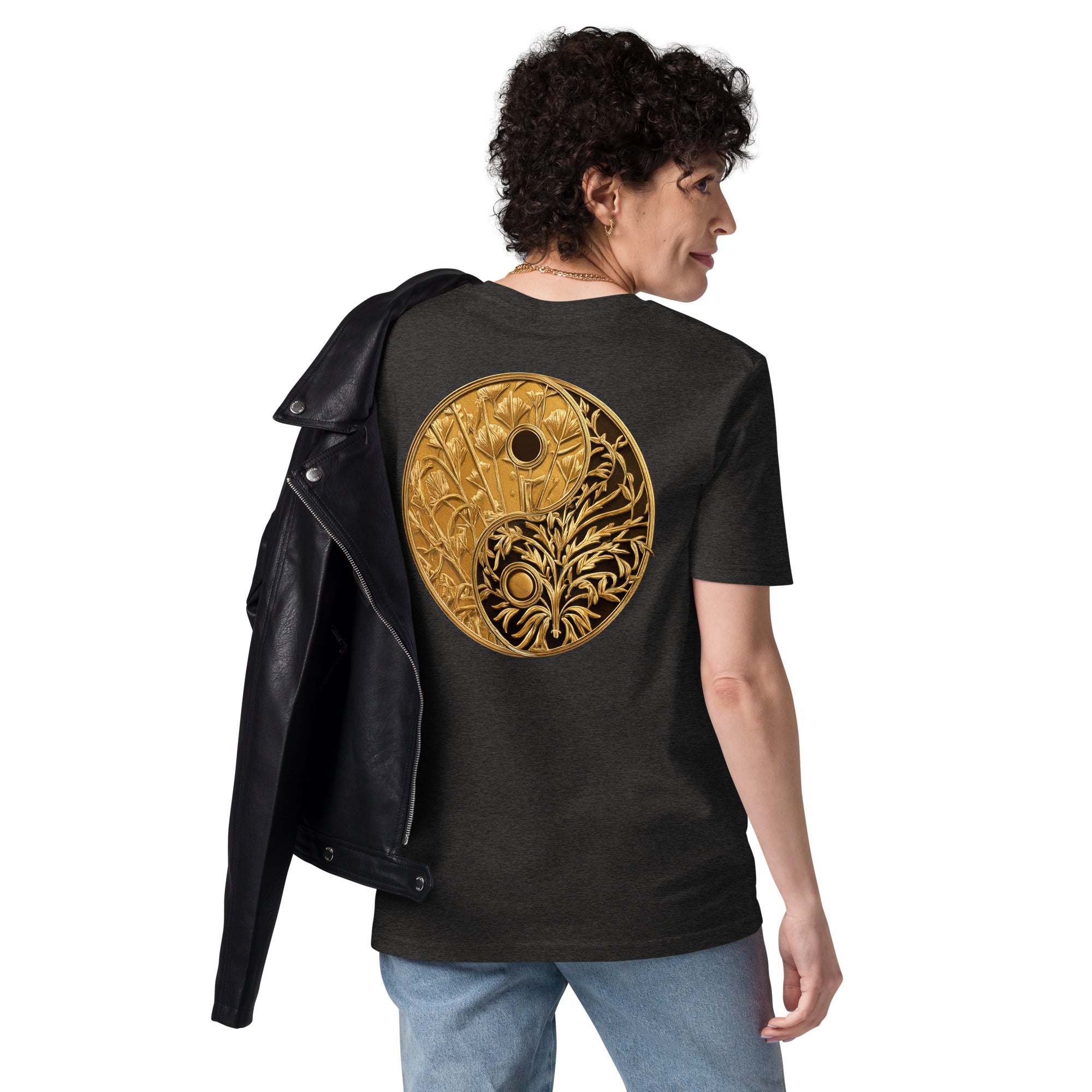 Yinyang - Organic Cotton T-Shirt in Dark Heather Grey on female model with a design printed on back.