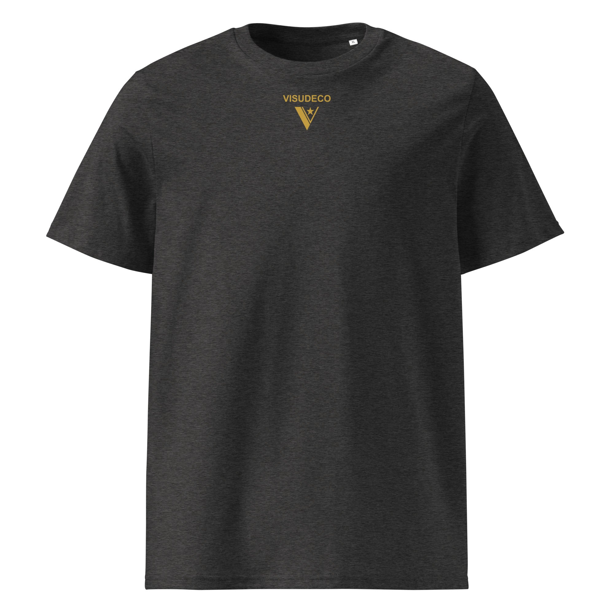Organic Cotton T-Shirt in Dark Heather Grey with logo printed on the front.