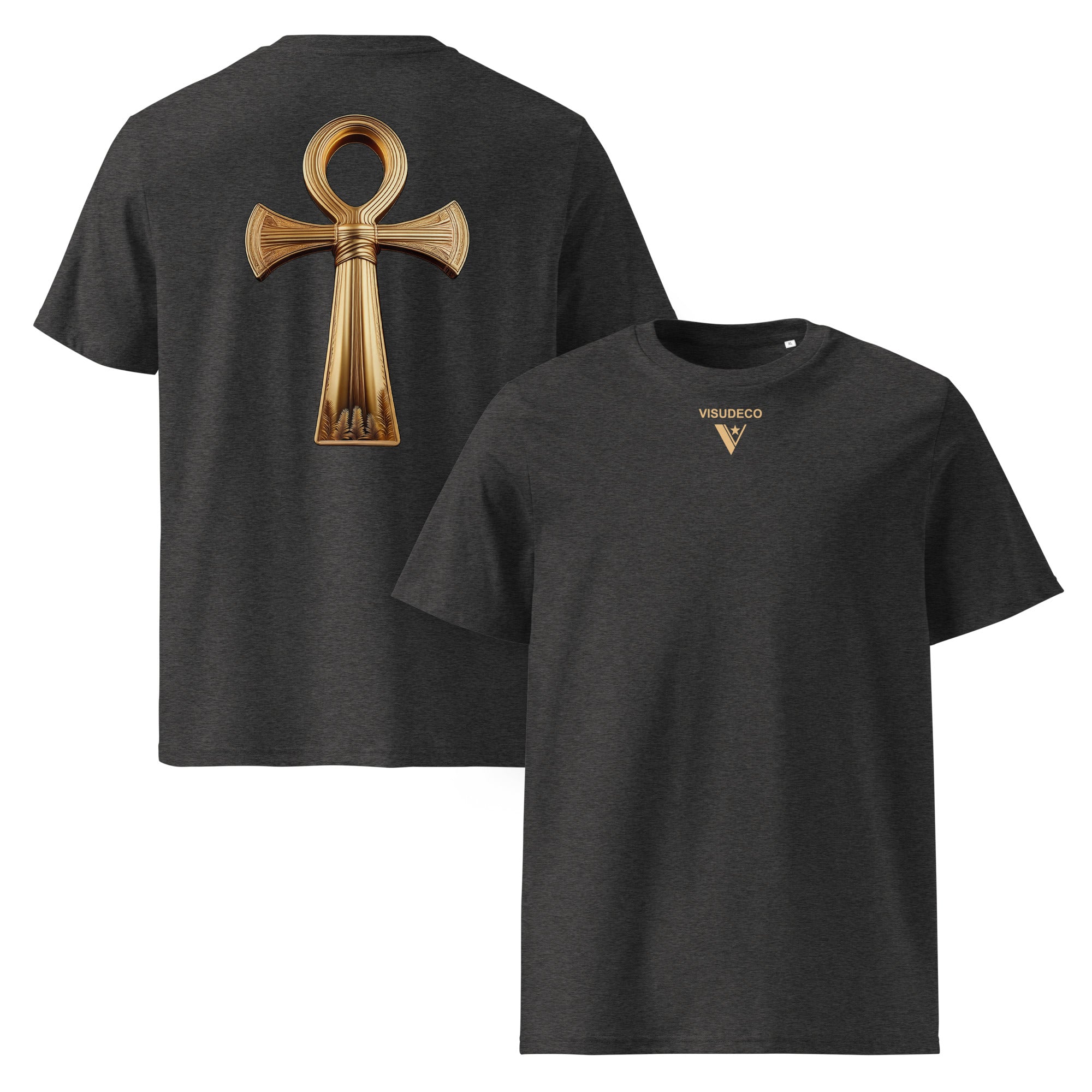 Key of Life - Organic Cotton T-Shirt in Dark Heather Grey with golden symbol on back and logo front.