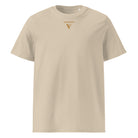Organic Cotton T-Shirt in Desert Dust. Sample with logo printed on the front.