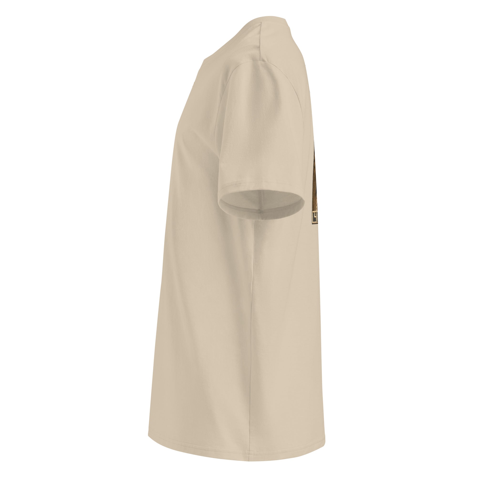 Organic Cotton T-Shirt in Desert Dust seen from the left side.