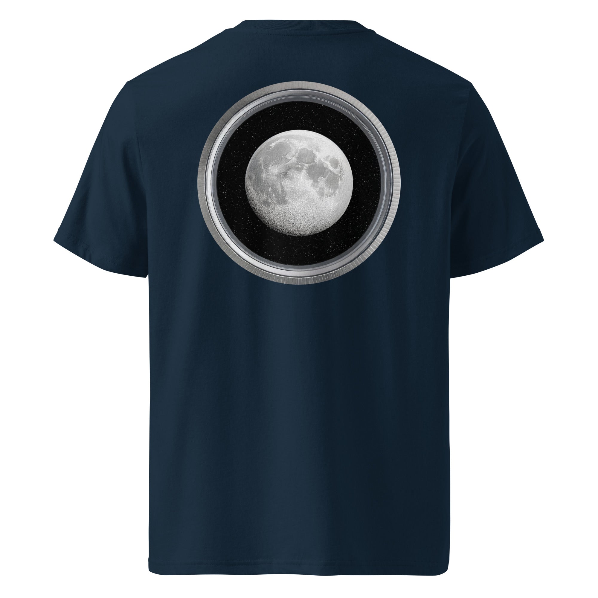 Moon - Organic Cotton T-Shirt in Navy Blue with a moon design on the back.