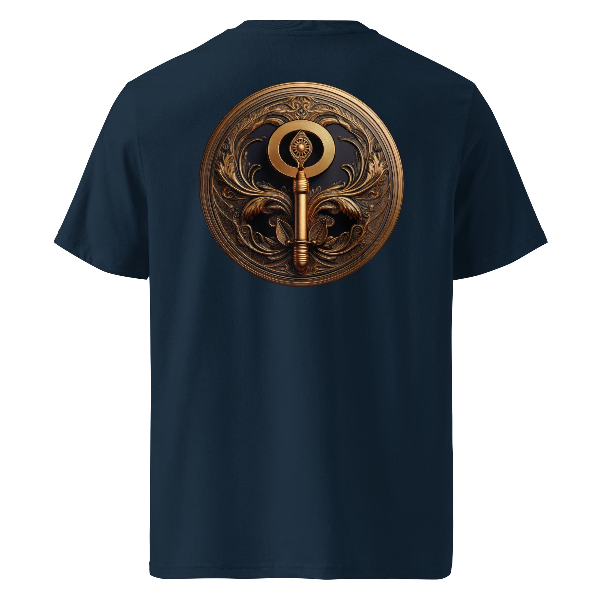 Key of Empathy - Organic Cotton T-Shirt in Navy Blue with a fictional symbol printed on back.