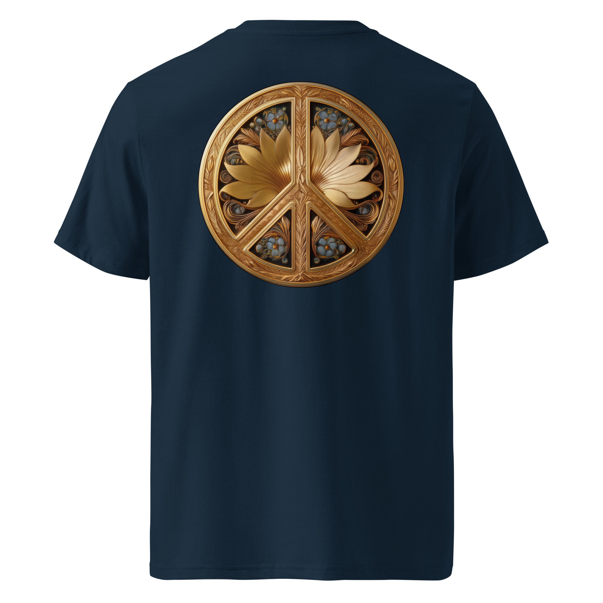 Flower Power - Organic Cotton T-Shirt in Navy Blue with golden symbol on the back and logo in front.