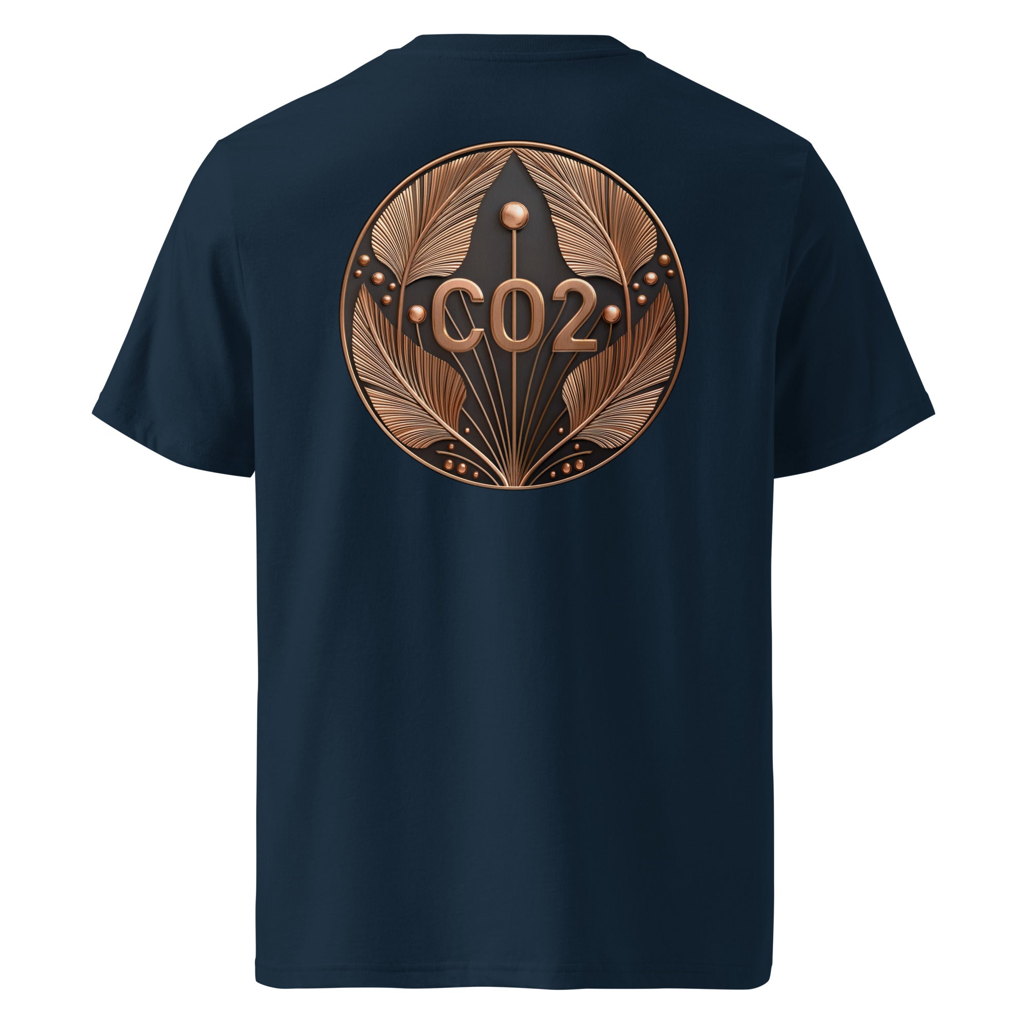 CO2 - Organic Cotton T-Shirt in Navy Blue with a bronze CO2 design on the back.