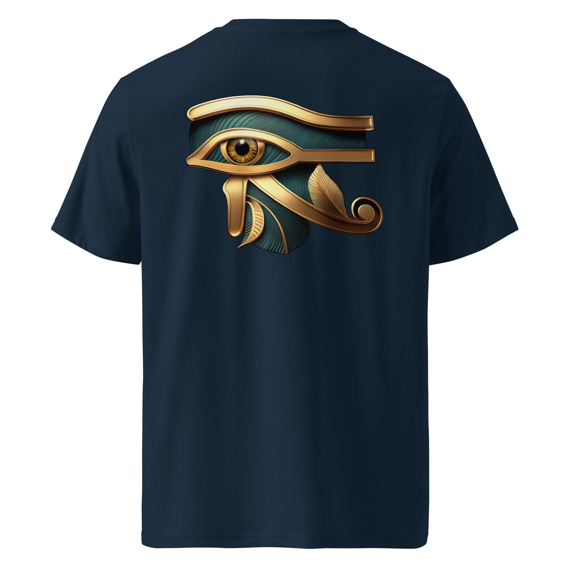 Eye of Horus - Organic Cotton T-Shirt in Navy Blue with print on the back.