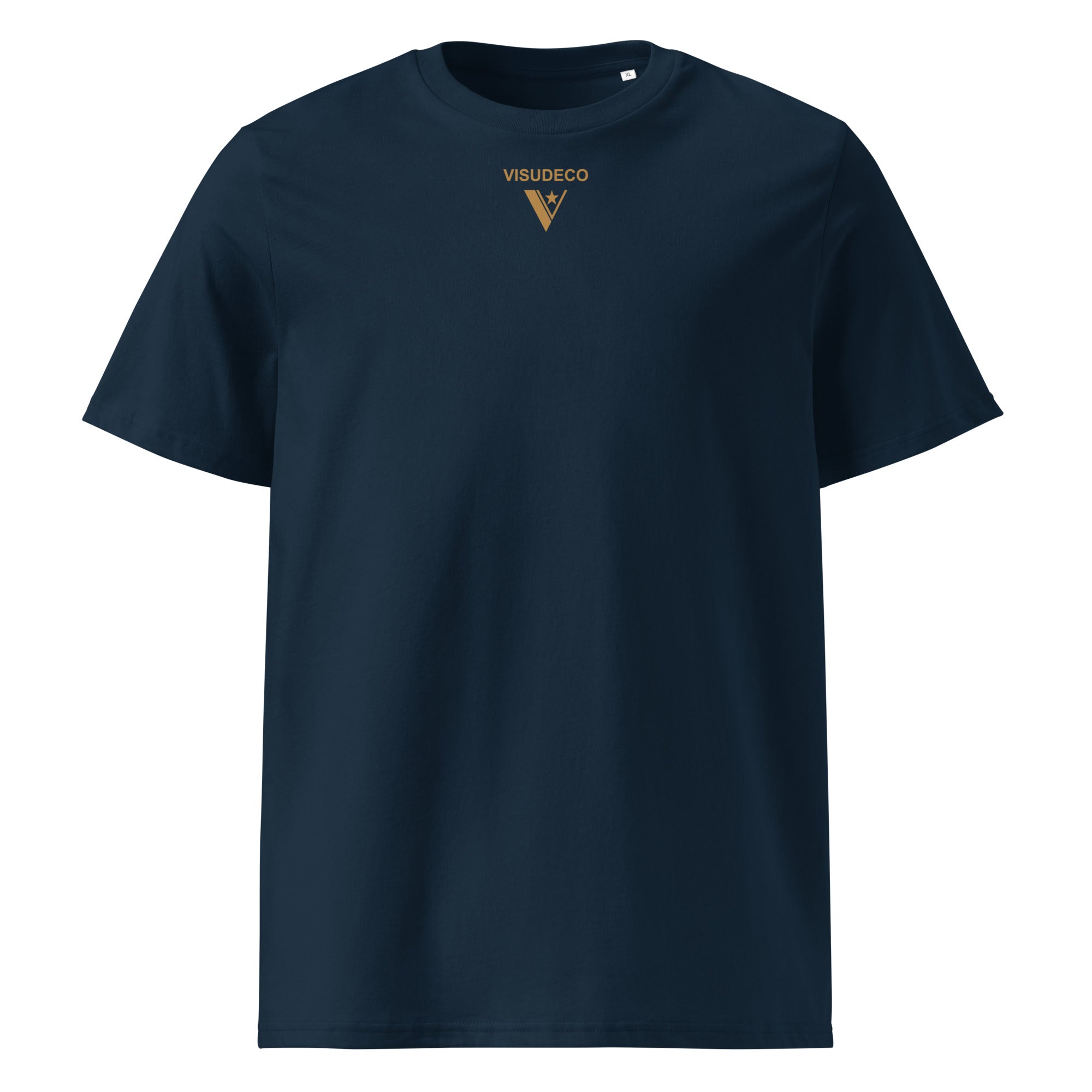 Organic Cotton T-Shirt in Navy Blue with logo on the front.