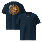 Flower Power - Organic Cotton T-Shirt in Navy Blue with golden symbol on the back and logo in front.