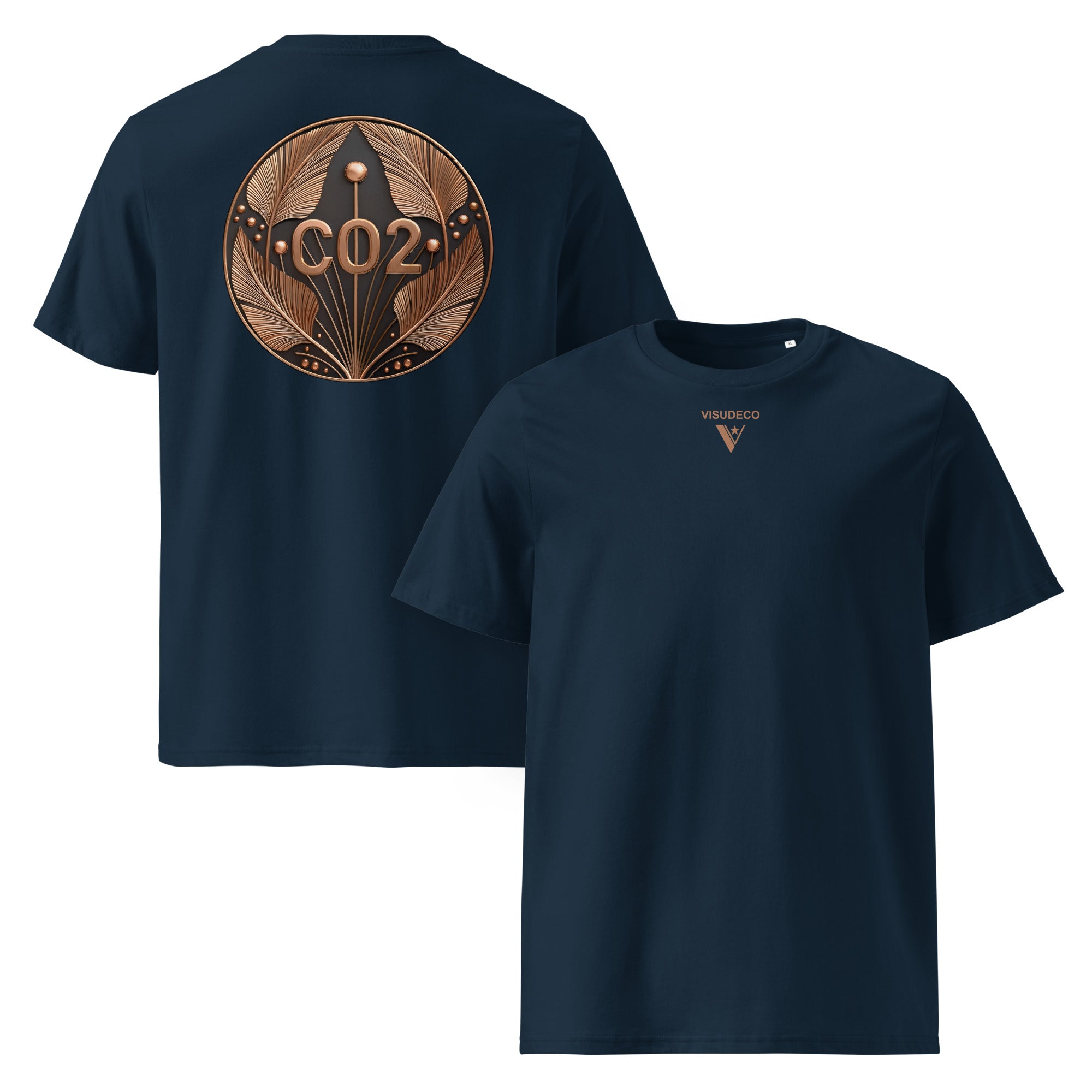 CO2 - Organic Cotton T-Shirt in Navy Blue with a bronze design on the back and visudeco logo front.