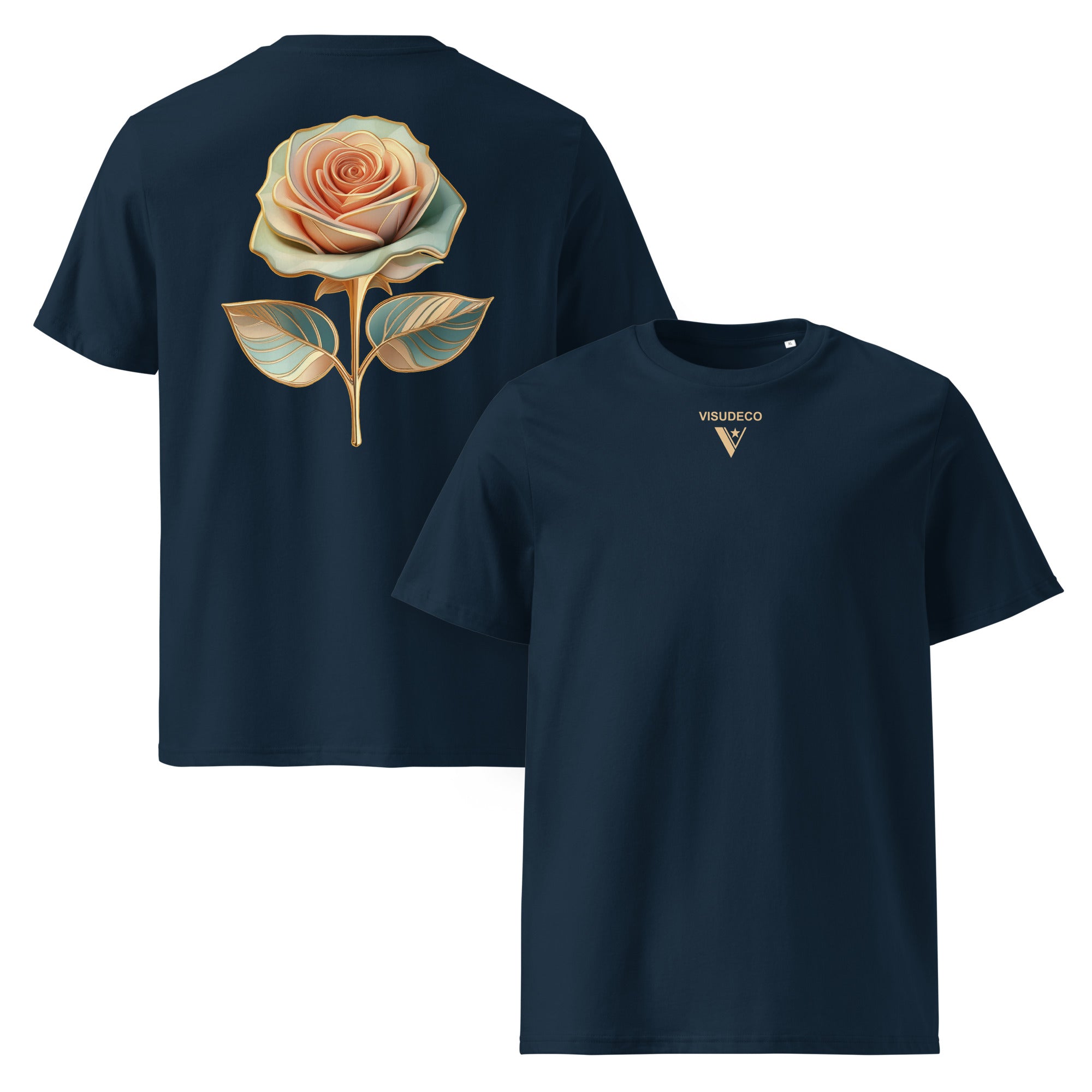 Bloom - Organic Cotton T-Shirt in Navy Blue with golden flower on back and visudeco logo in front.