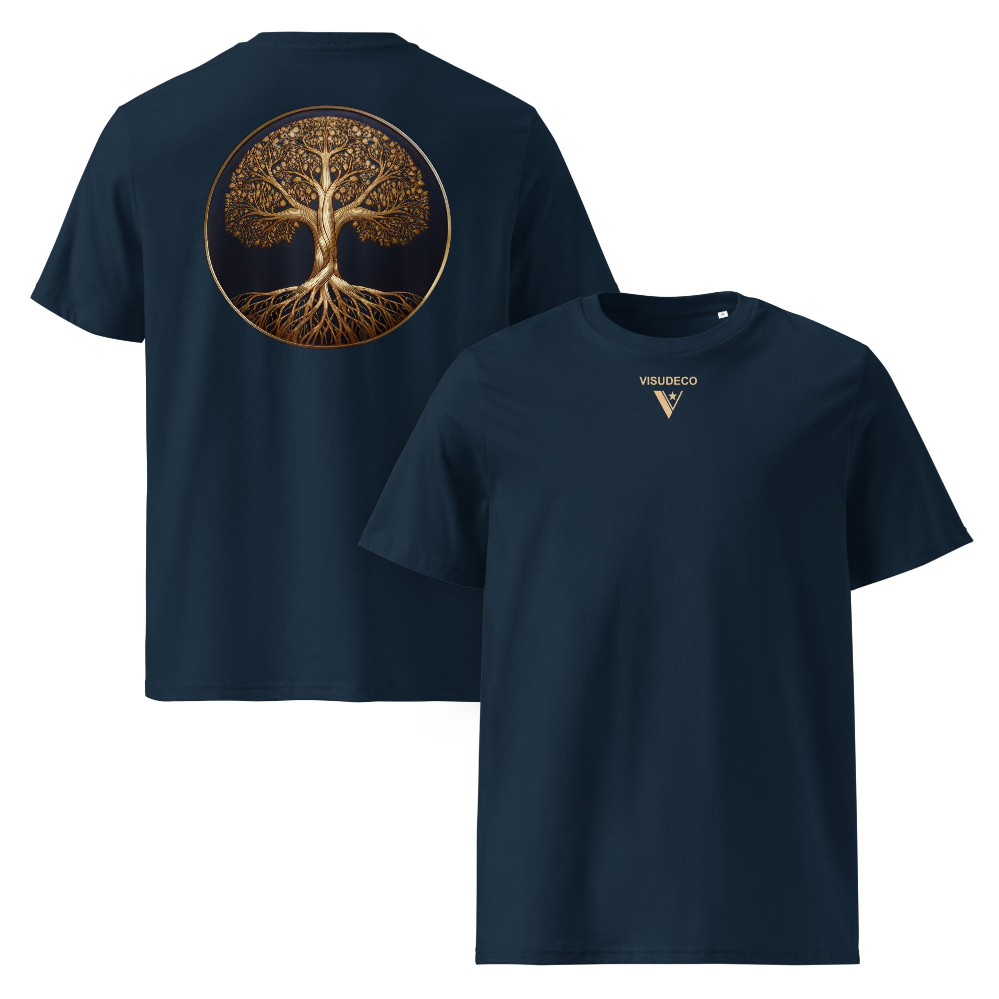 Tree of Life - Organic Cotton T-Shirt in Navy Blue with golden design on back and logo in front.